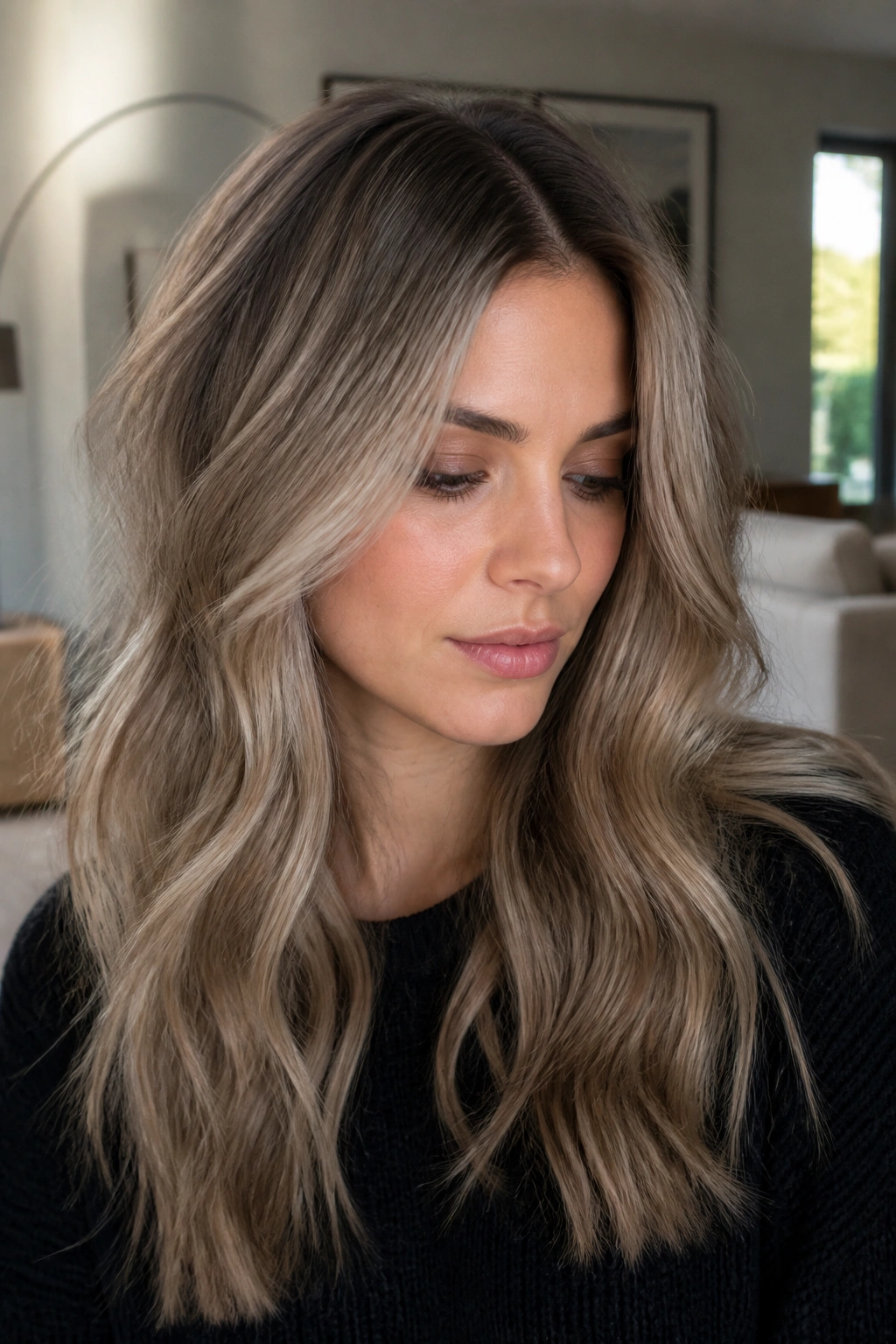 Close-up portrait of a woman with mushroom bronde hair and shadow root in natural window light