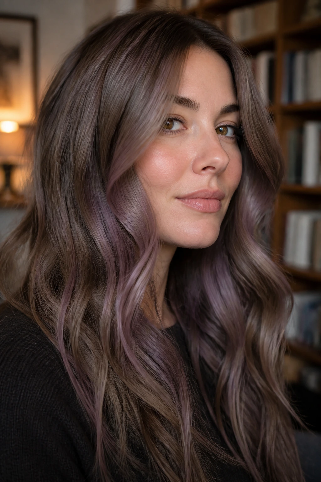 Close-up of mushroom brown hair with amethyst lowlights on real person