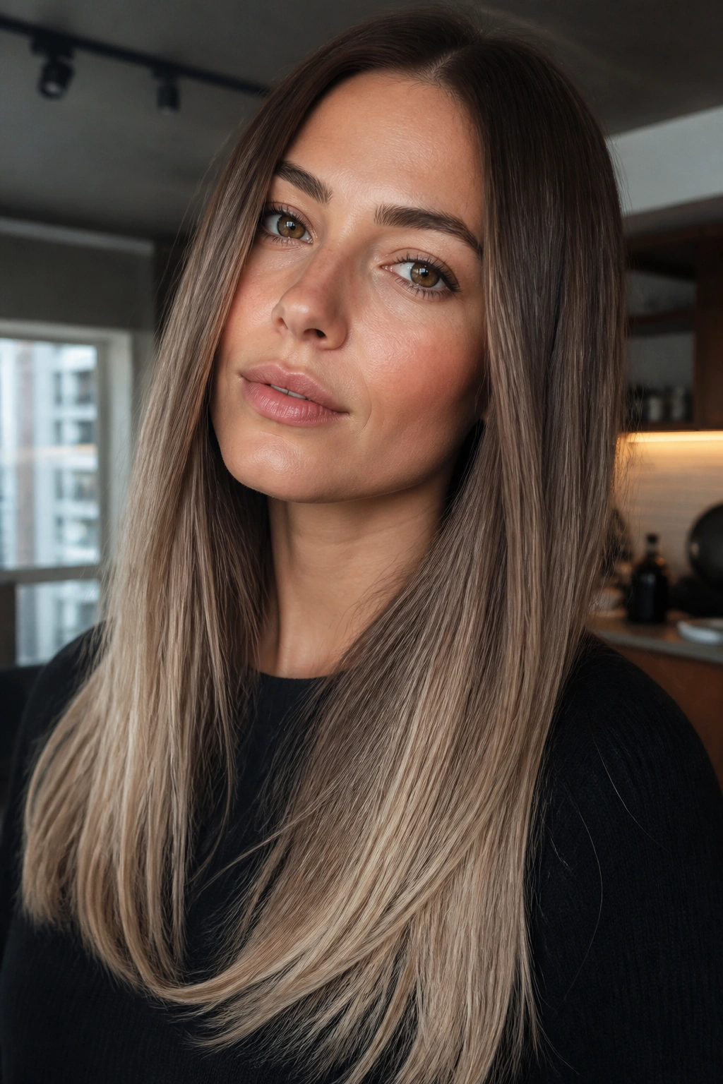 Close-up of mushroom brown roots fading to ash blonde on long hair
