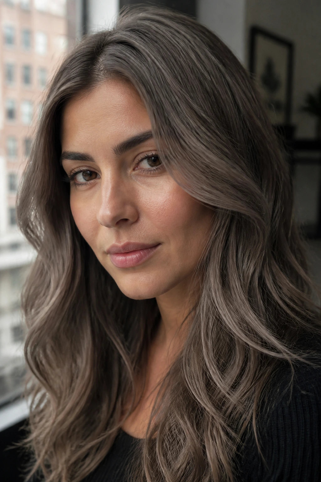 Close-up portrait of a real woman with mushroom brown hair in an urban apartment