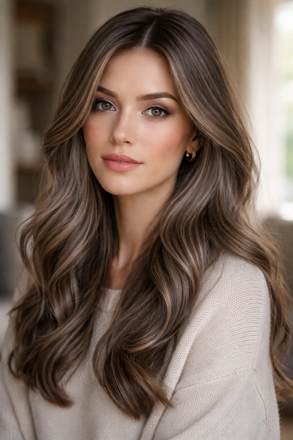 Close-up portrait of a real person with mushroom brown hair color and ash undertones