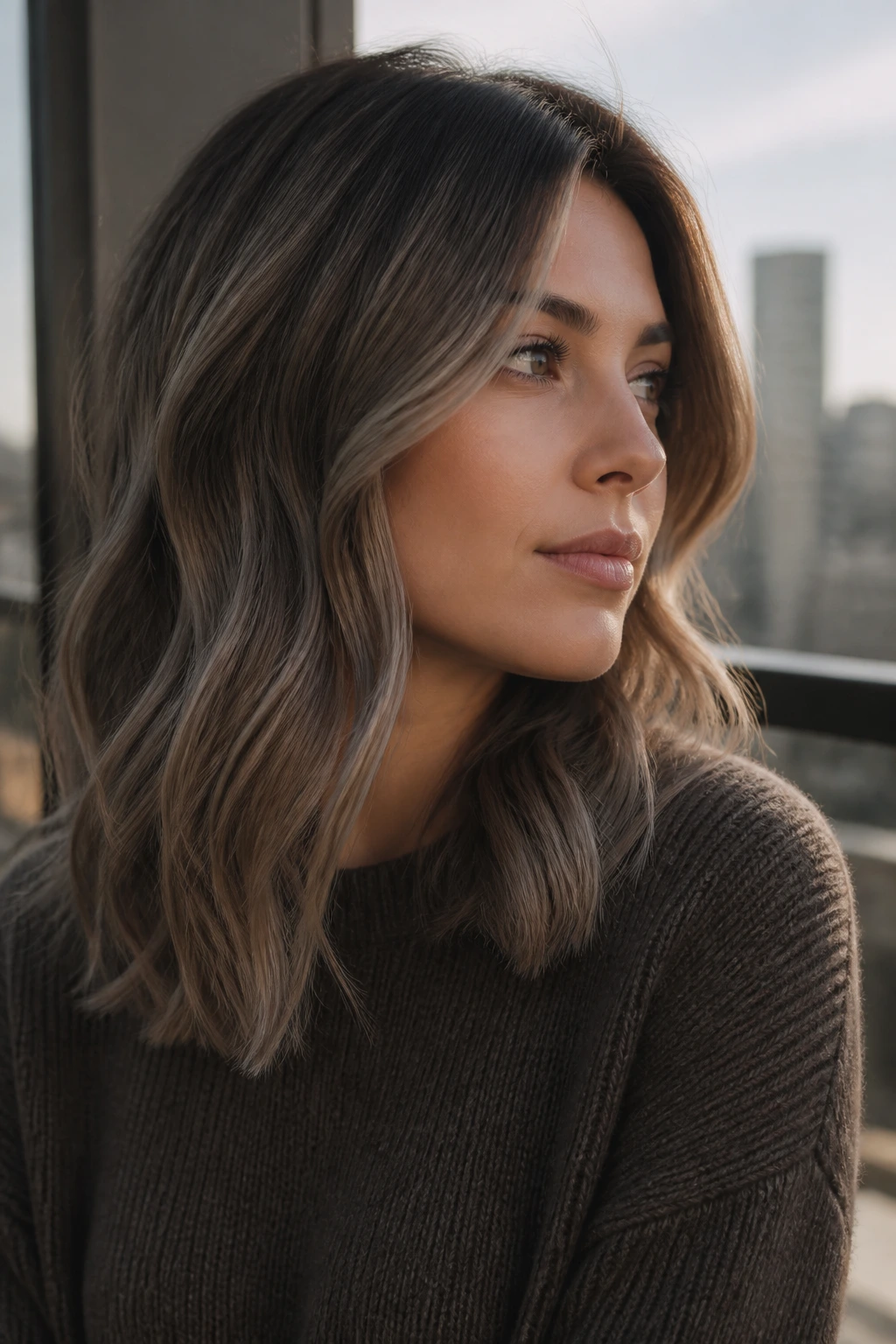 Real woman with mushroom brown base and beige-ash highlights in cool earthy tones