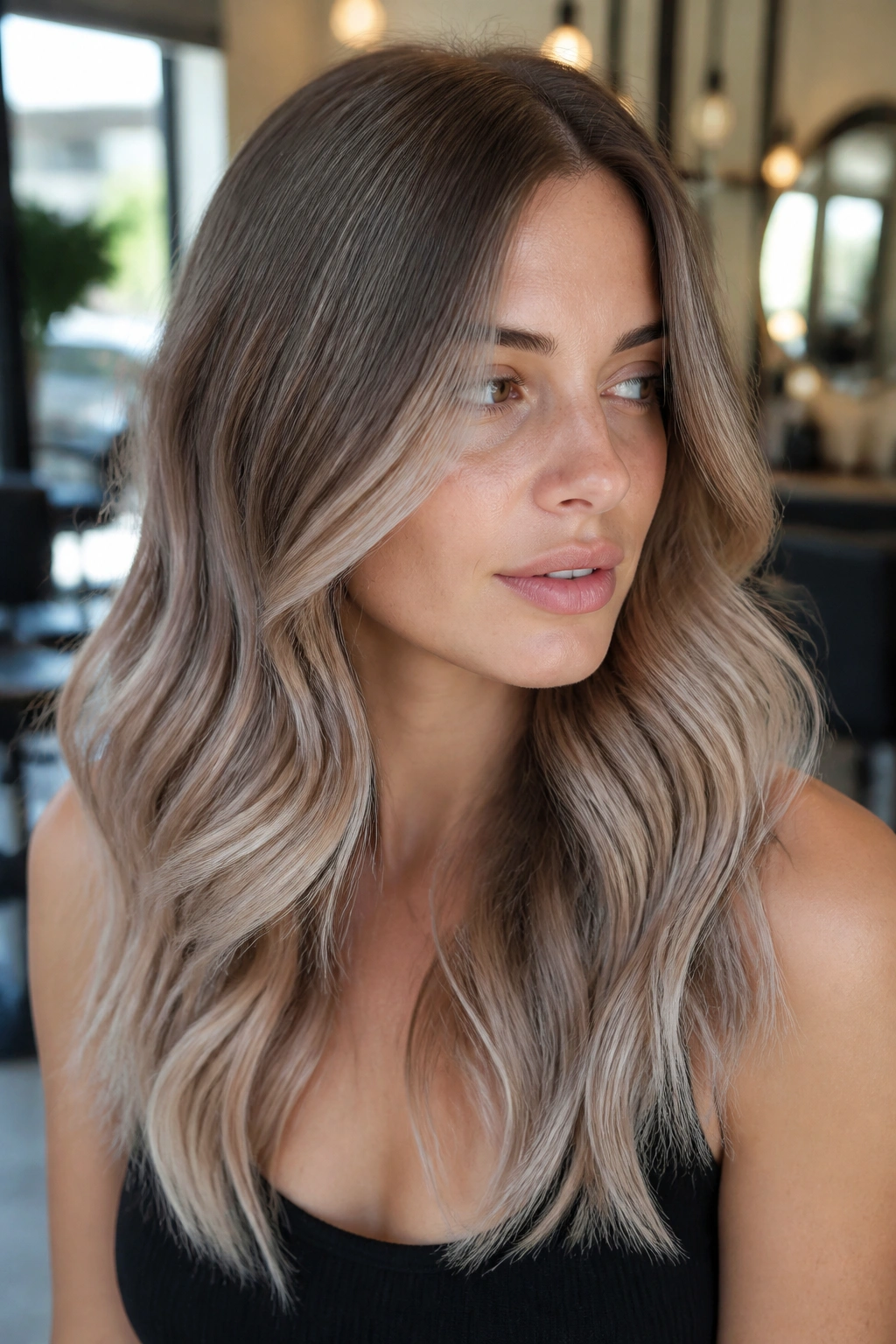 Portrait of a woman with mushroom brown to ash blonde color melt.