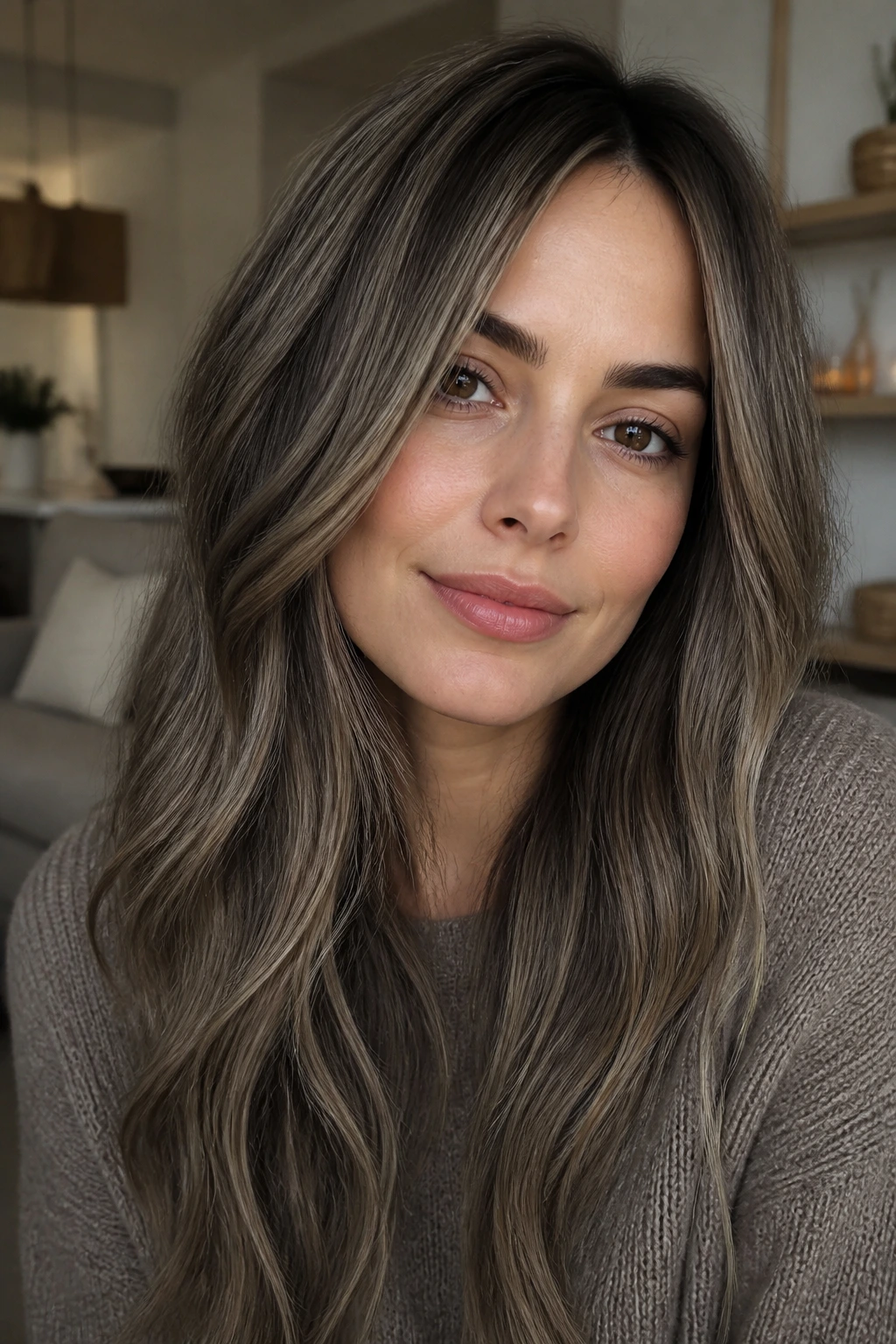 Real woman wearing mushroom brown hair with soft ash ribbons around the face
