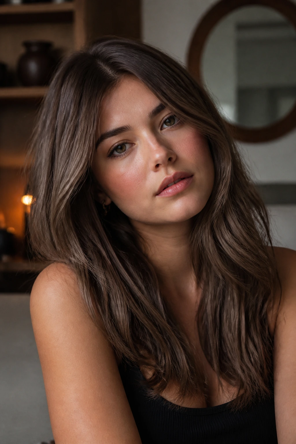 Close-up portrait of a person with mushroom brown hair with ash undertones