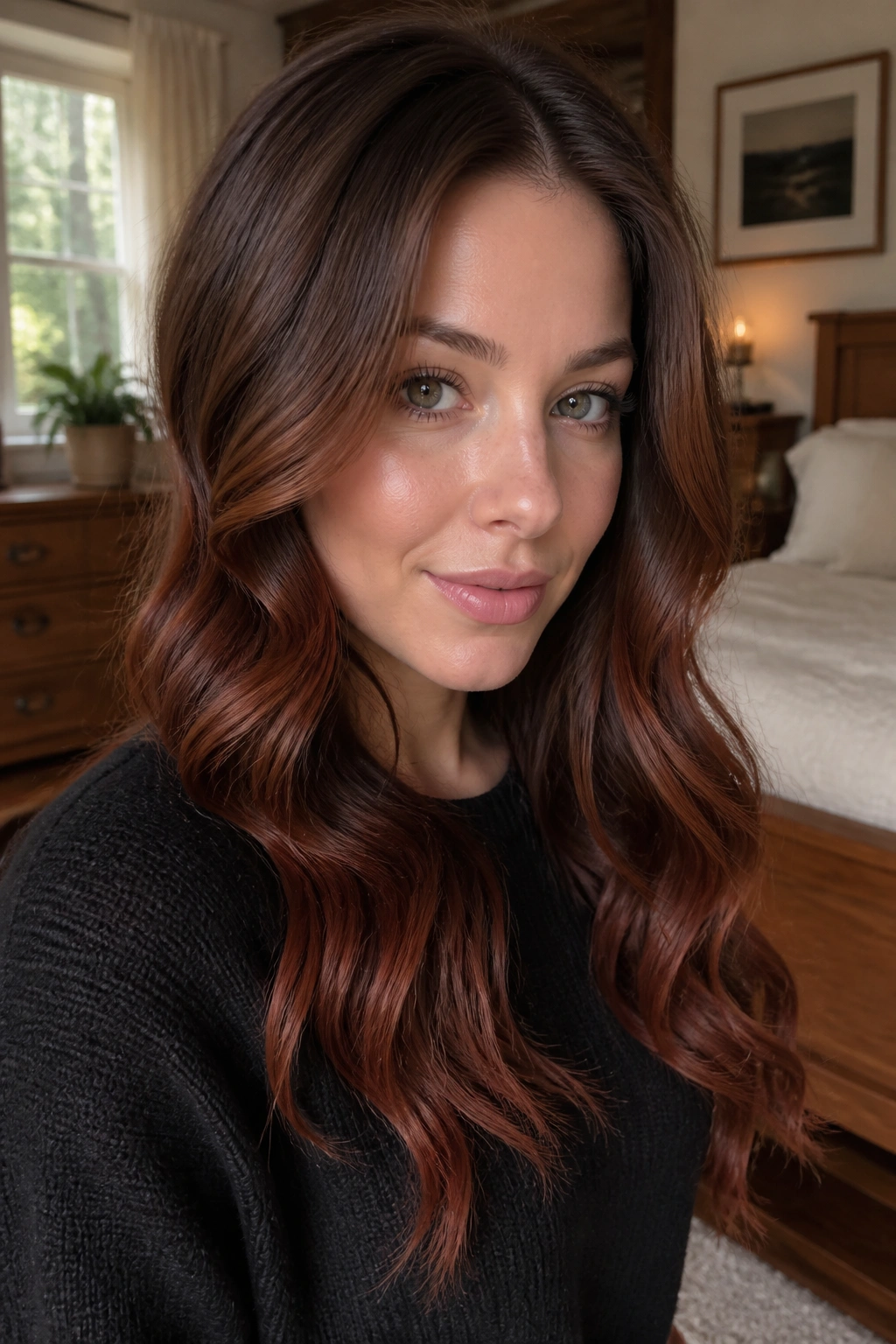 Close-up of a real woman with mushroom brown roots and auburn balayage under natural window light