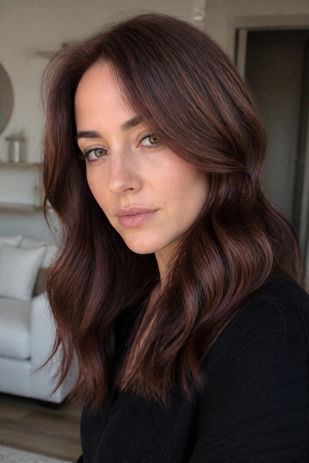 Portrait of a woman with auburn-tinted mushroom brown hair on cool skin.