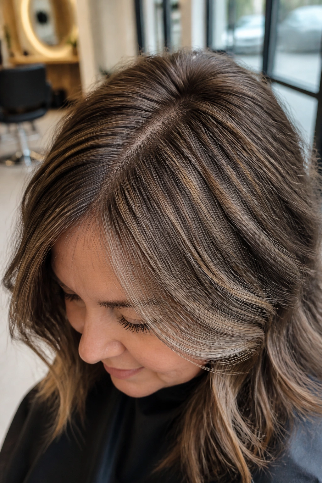 Close-up of crown with mushroom brown babylights creating a soft, airy top