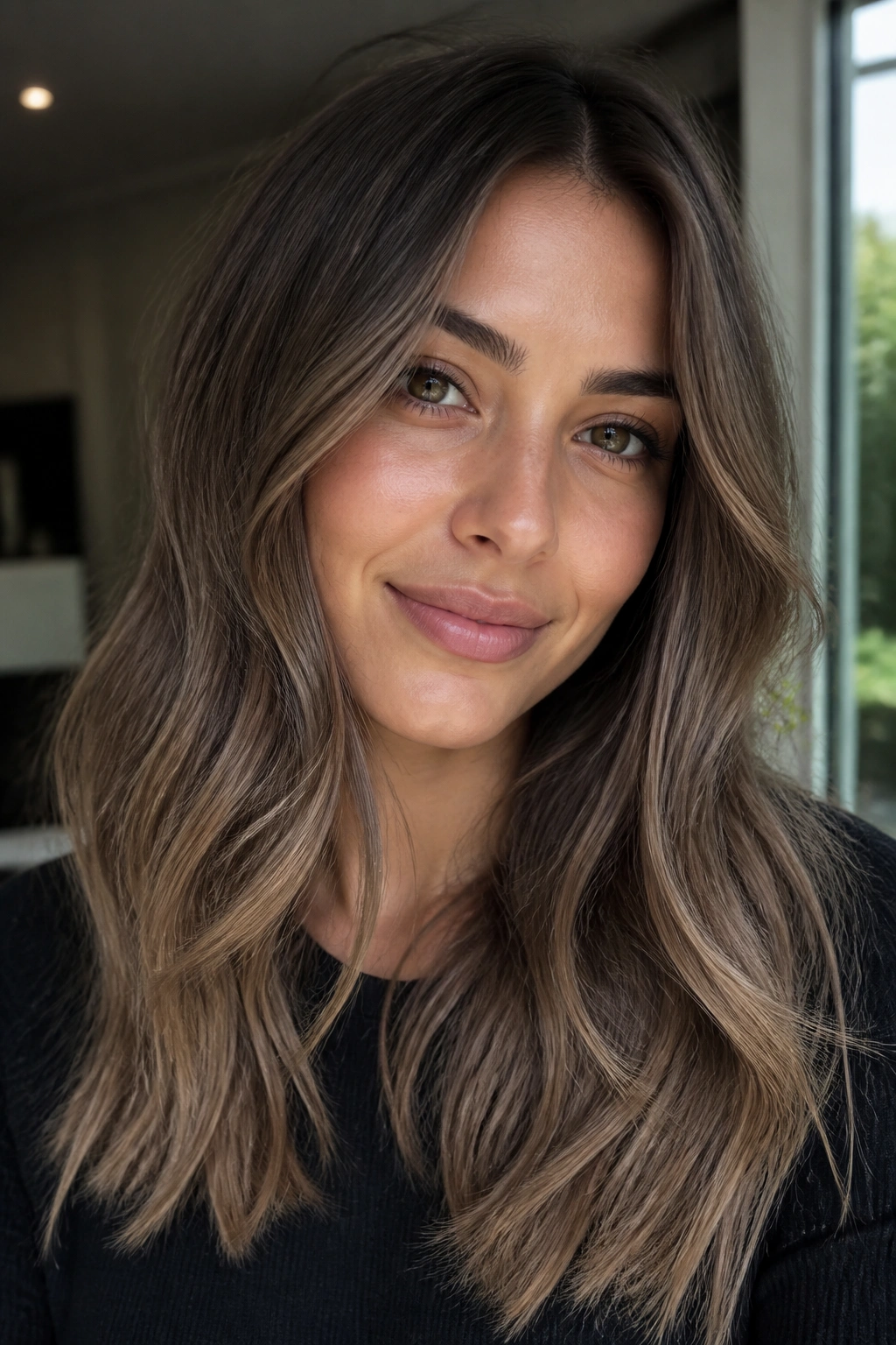 Close-up of a woman with mushroom brown hair and soft shadow roots in natural window light.