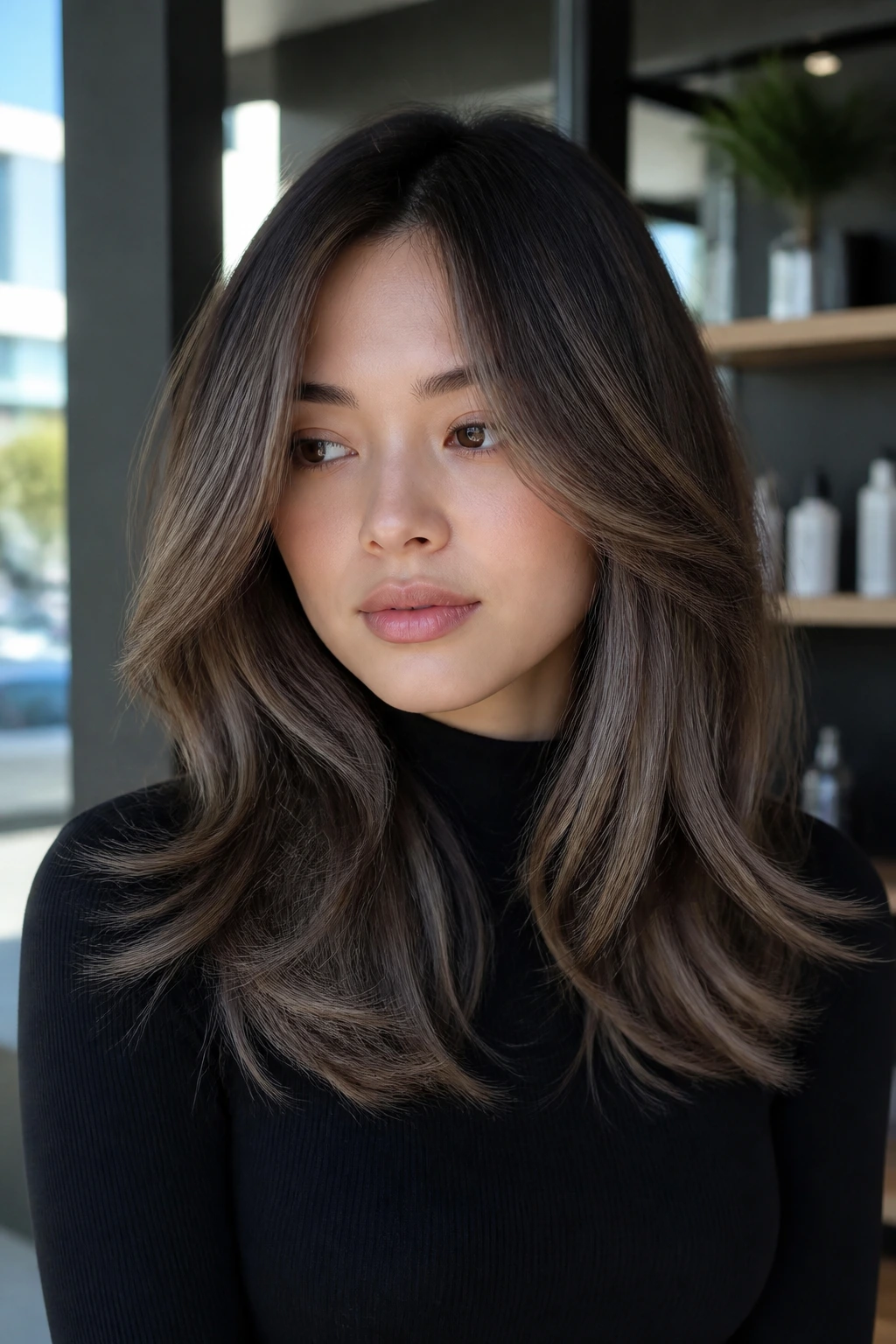Portrait of a woman with mushroom brown balayage and airy ends
