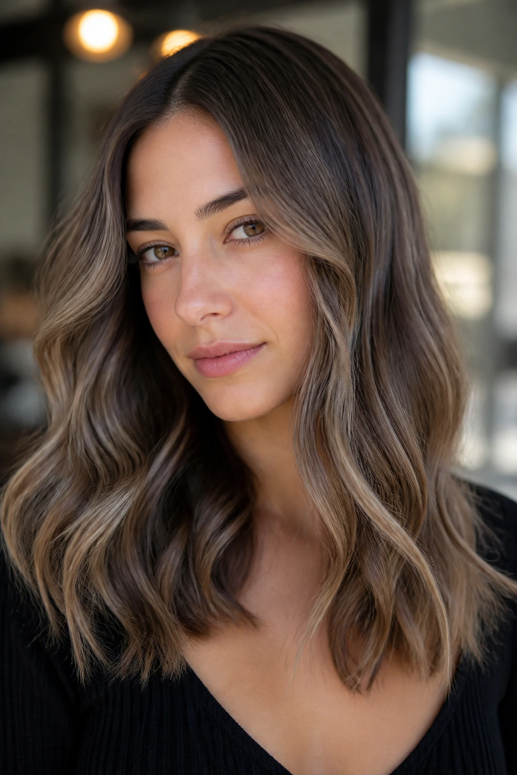 Portrait of a woman with mushroom brown base and beige caramel dimension