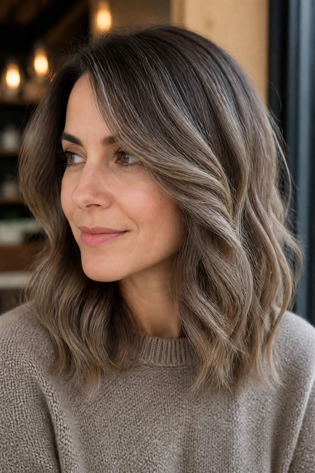Close-up of a woman with mushroom brown balayage and beige lift in soft light.