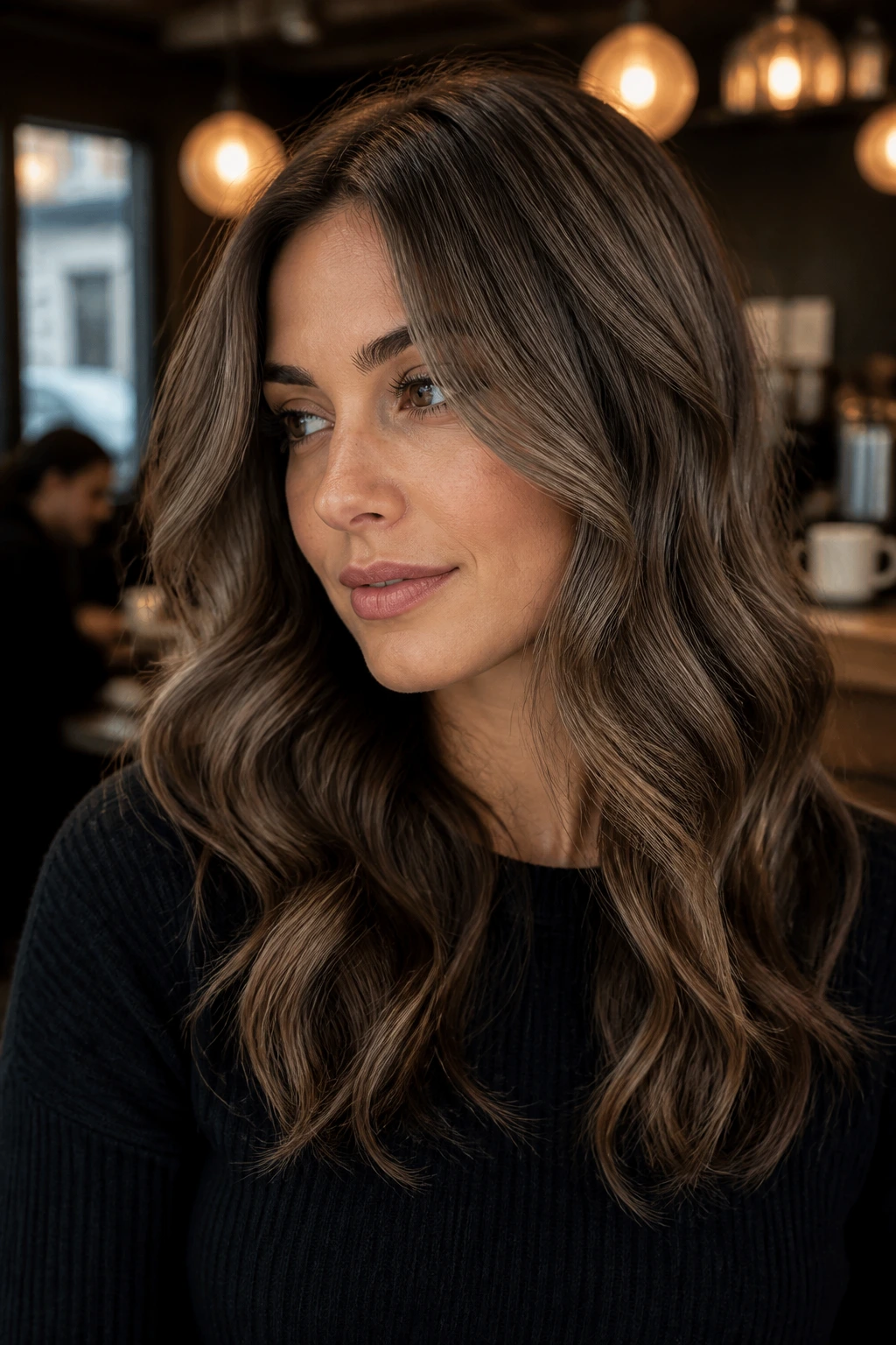 Close-up of a real woman with mushroom brown balayage on cool brunette waves