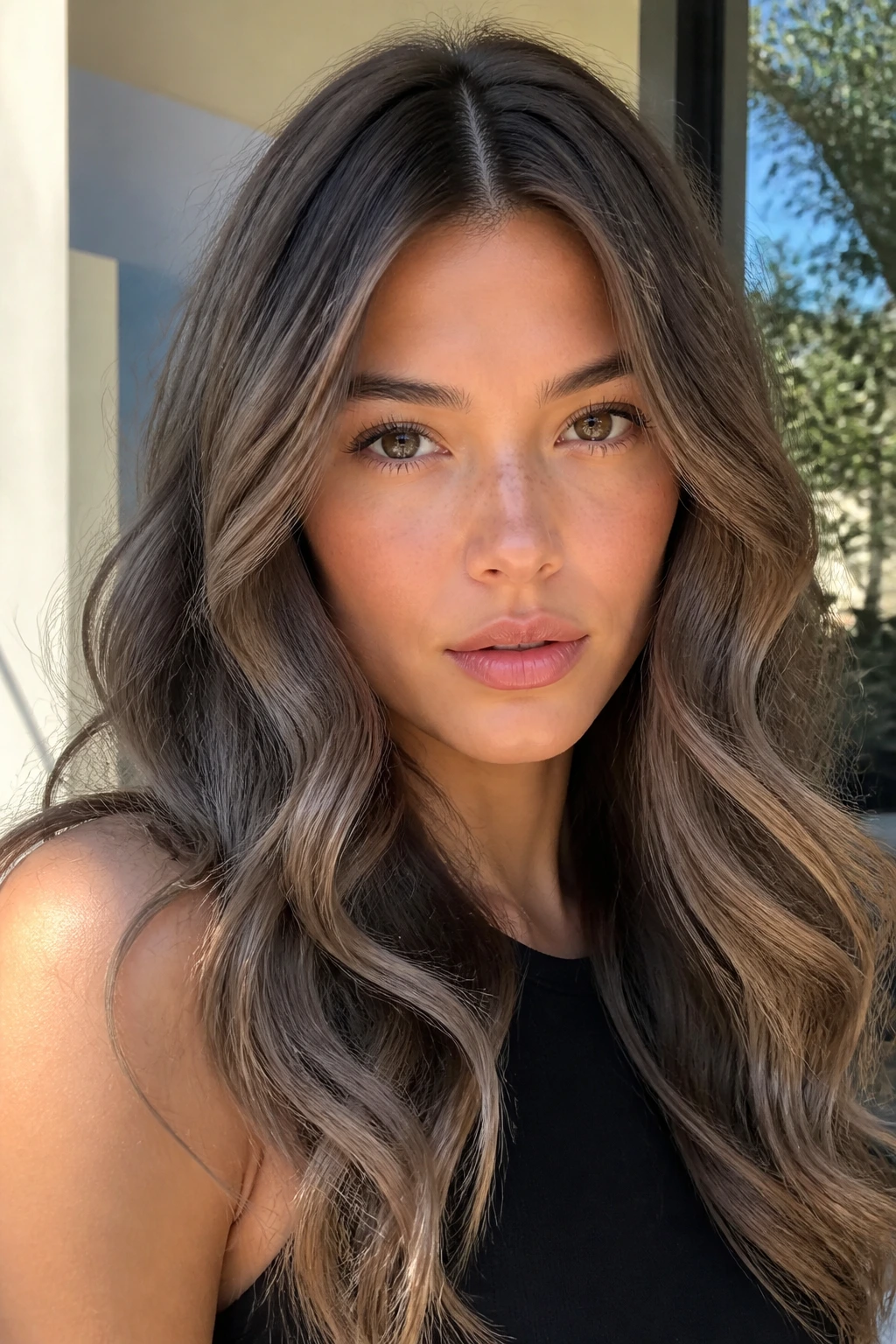 Portrait of a woman with mushroom brown waves and center part