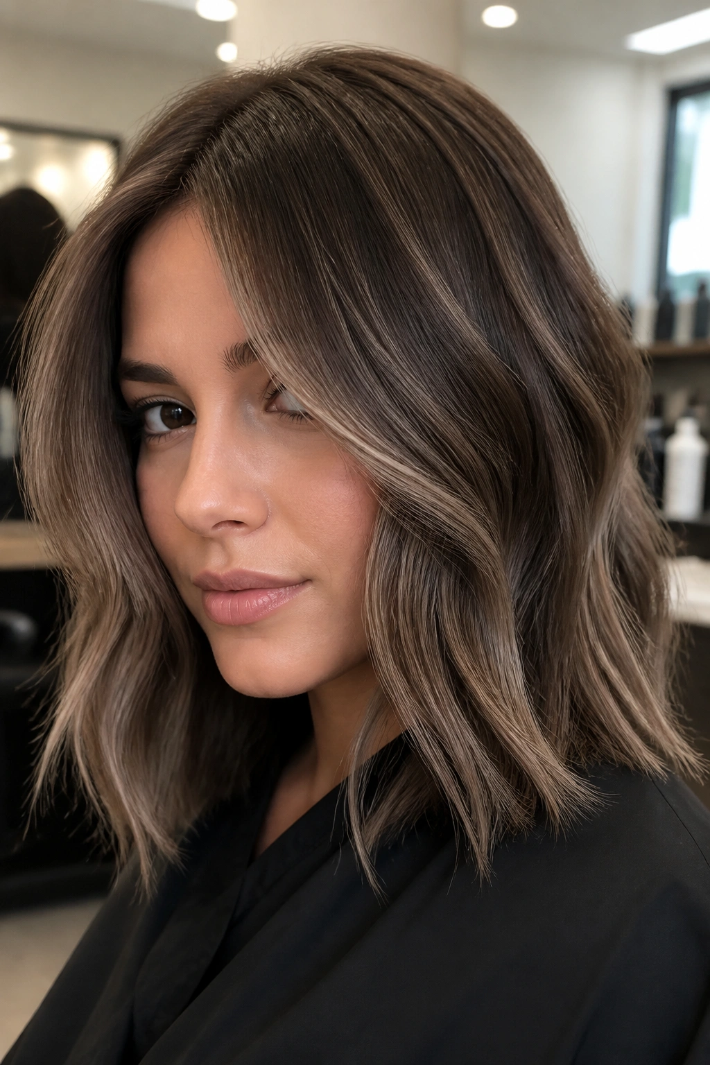 Close-up of mushroom brown balayage on a real brunette