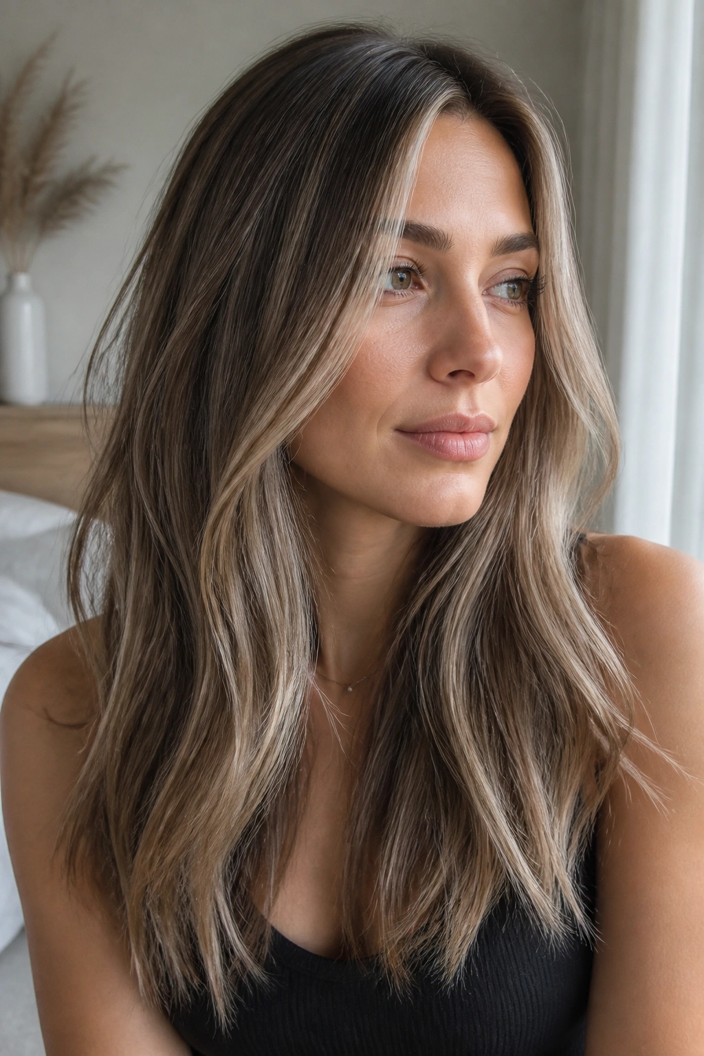 Close-up of a real woman with mushroom brown hair and cool blonde highlights in natural light.