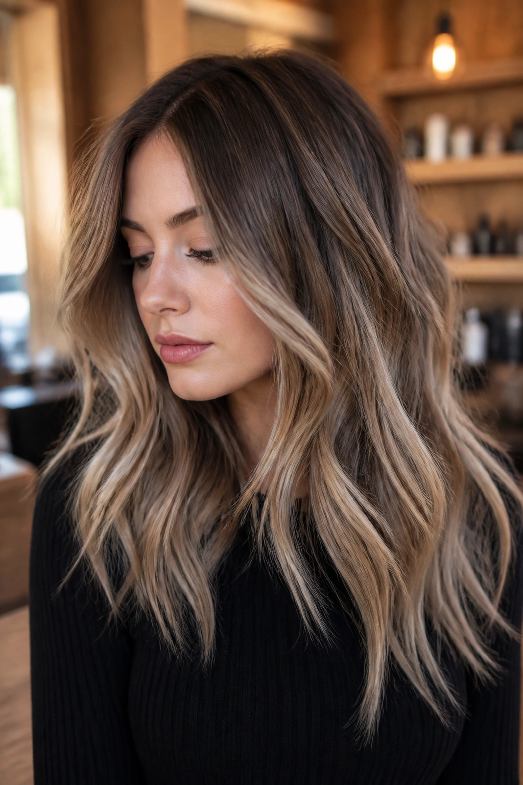 Close-up of a real woman with mushroom brown balayage and beige ends in a cozy salon