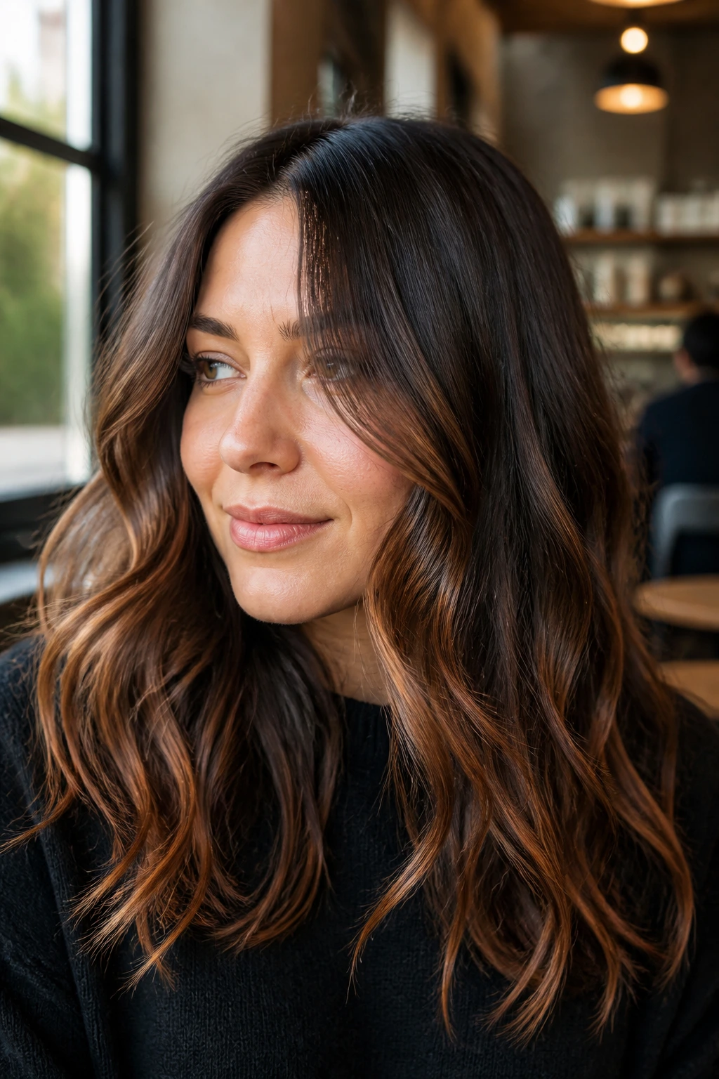 Close-up of brunette with mushroom brown base and copper flickers at the ends