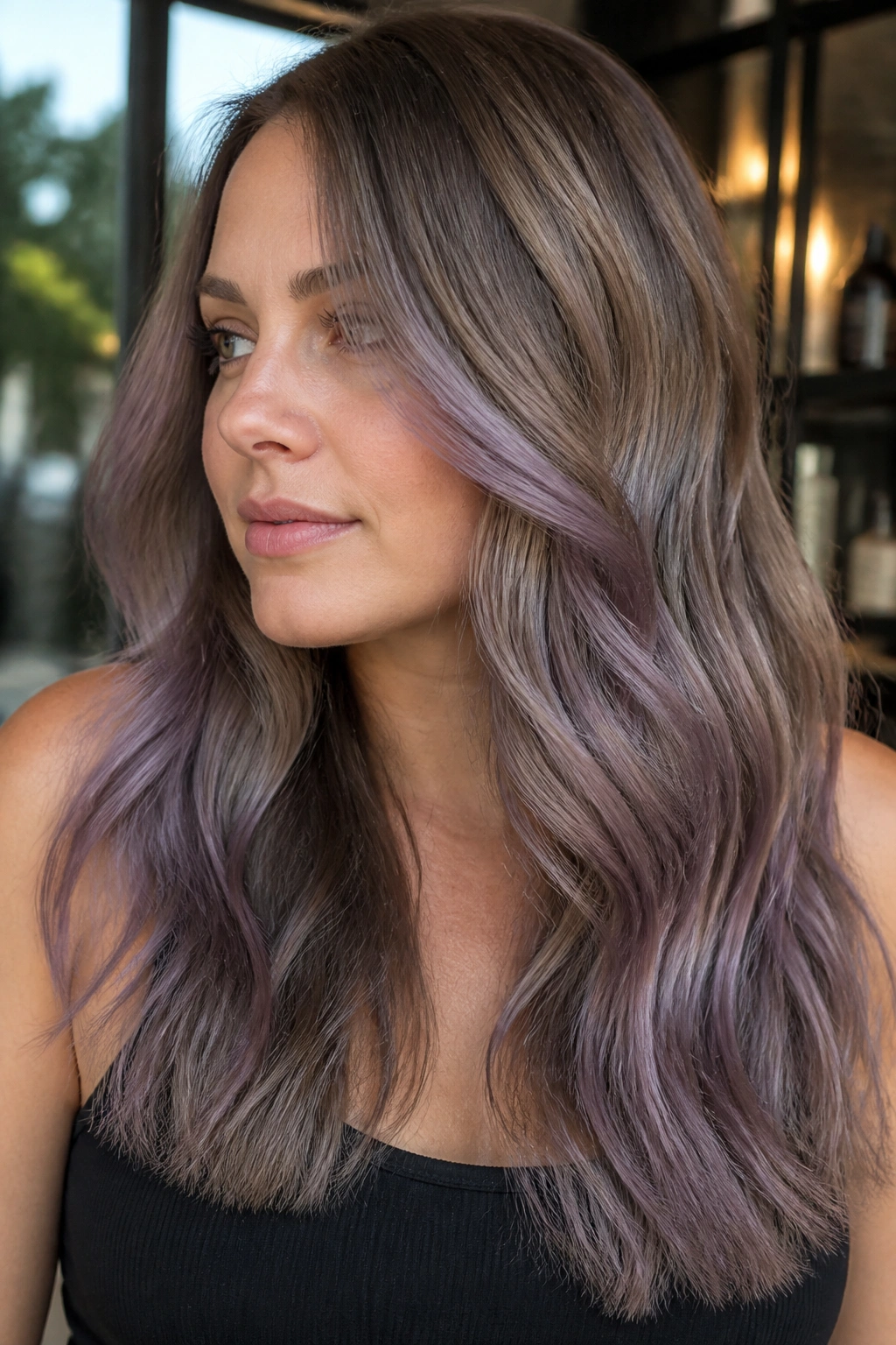 Portrait of a real woman with mushroom brown balayage and smoky lilac veil.