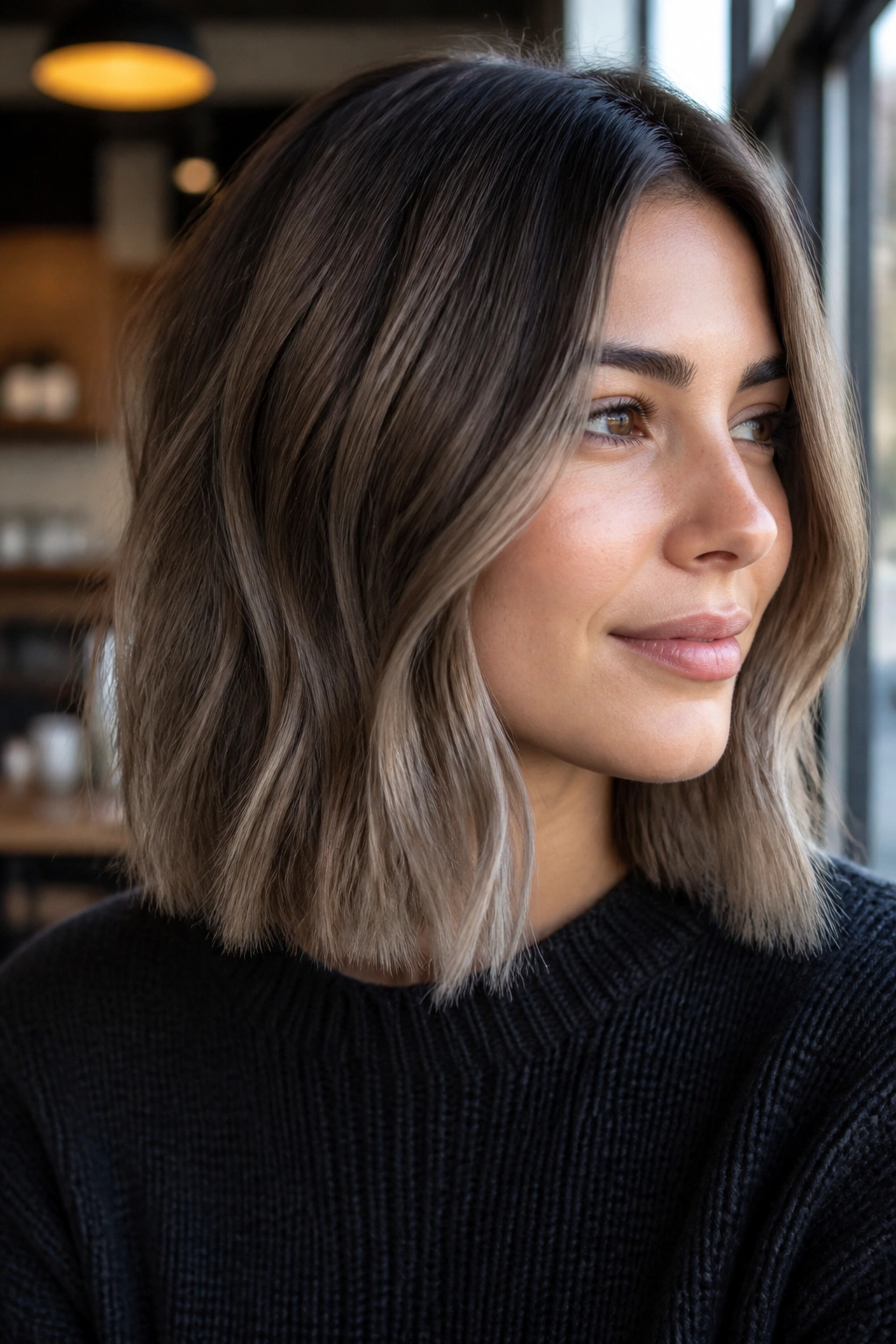 Close-up of real woman with mushroom brown balayage on a lob.