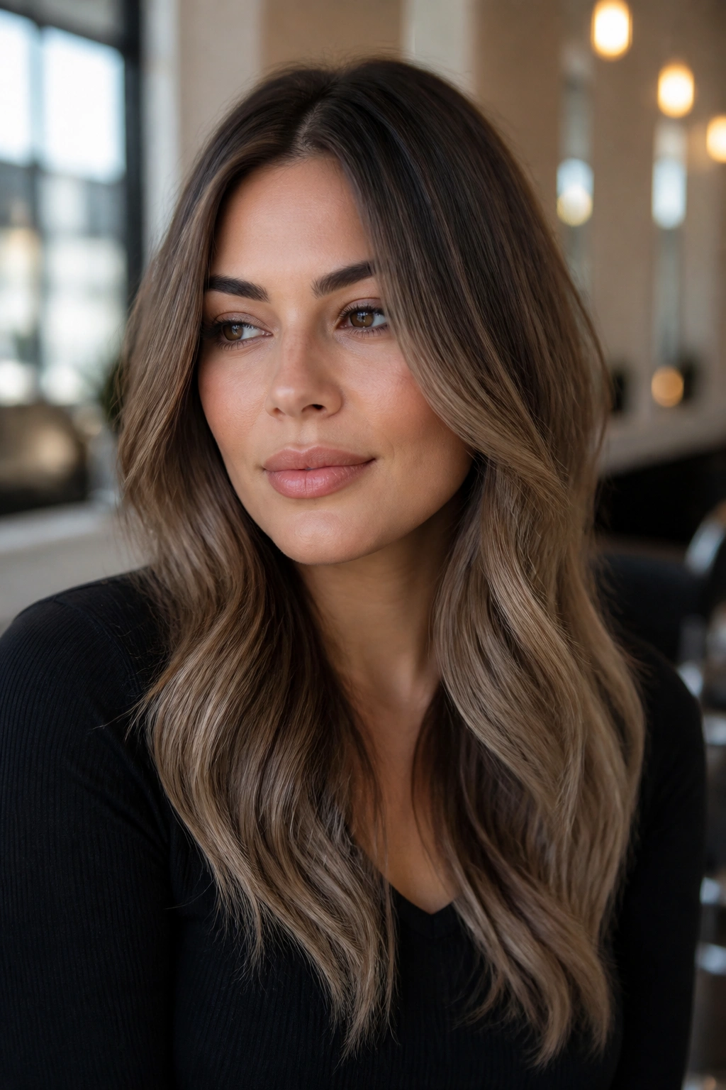 Close-up portrait of a real woman with mushroom brown balayage and muted width at the sides