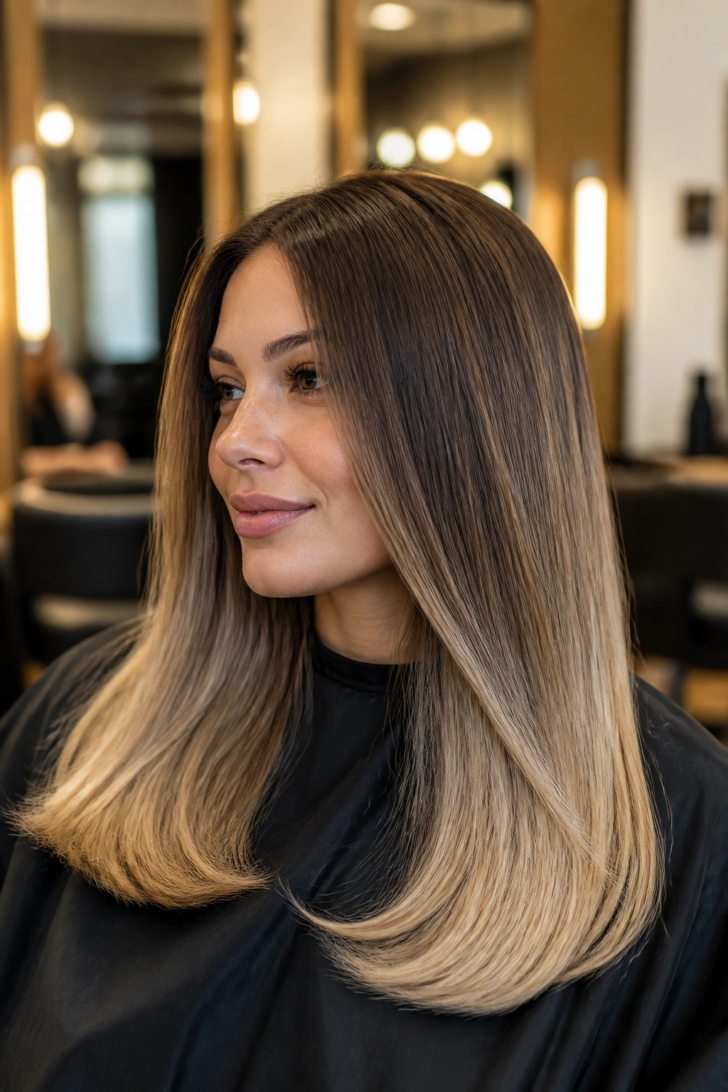 Close-up portrait of a real woman with straight hair transitioning from mushroom brown to beige blonde in a sleek blowout.