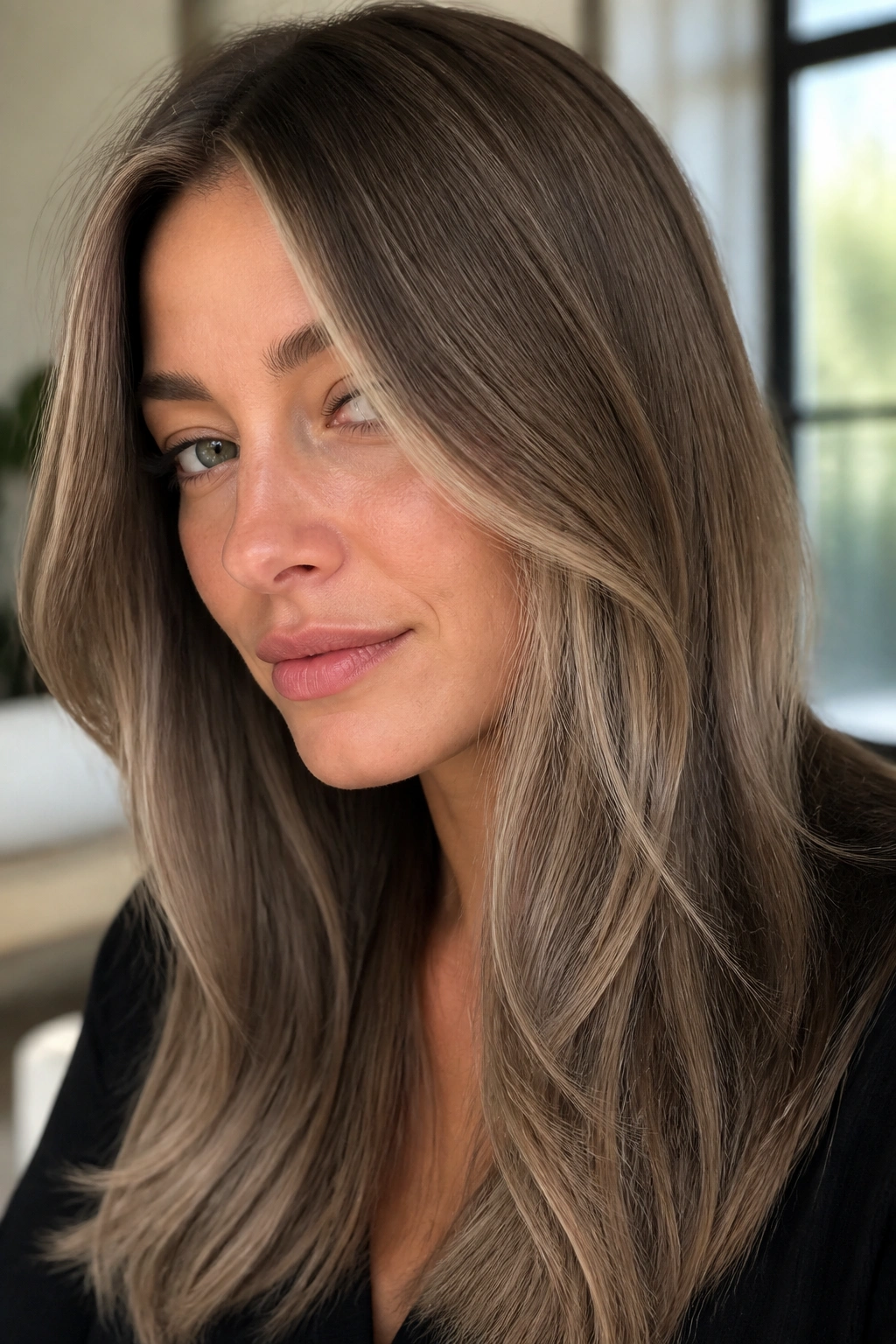 Close-up of a woman with mushroom brown base and beige blonde highlights for an earthy, cool-toned look.