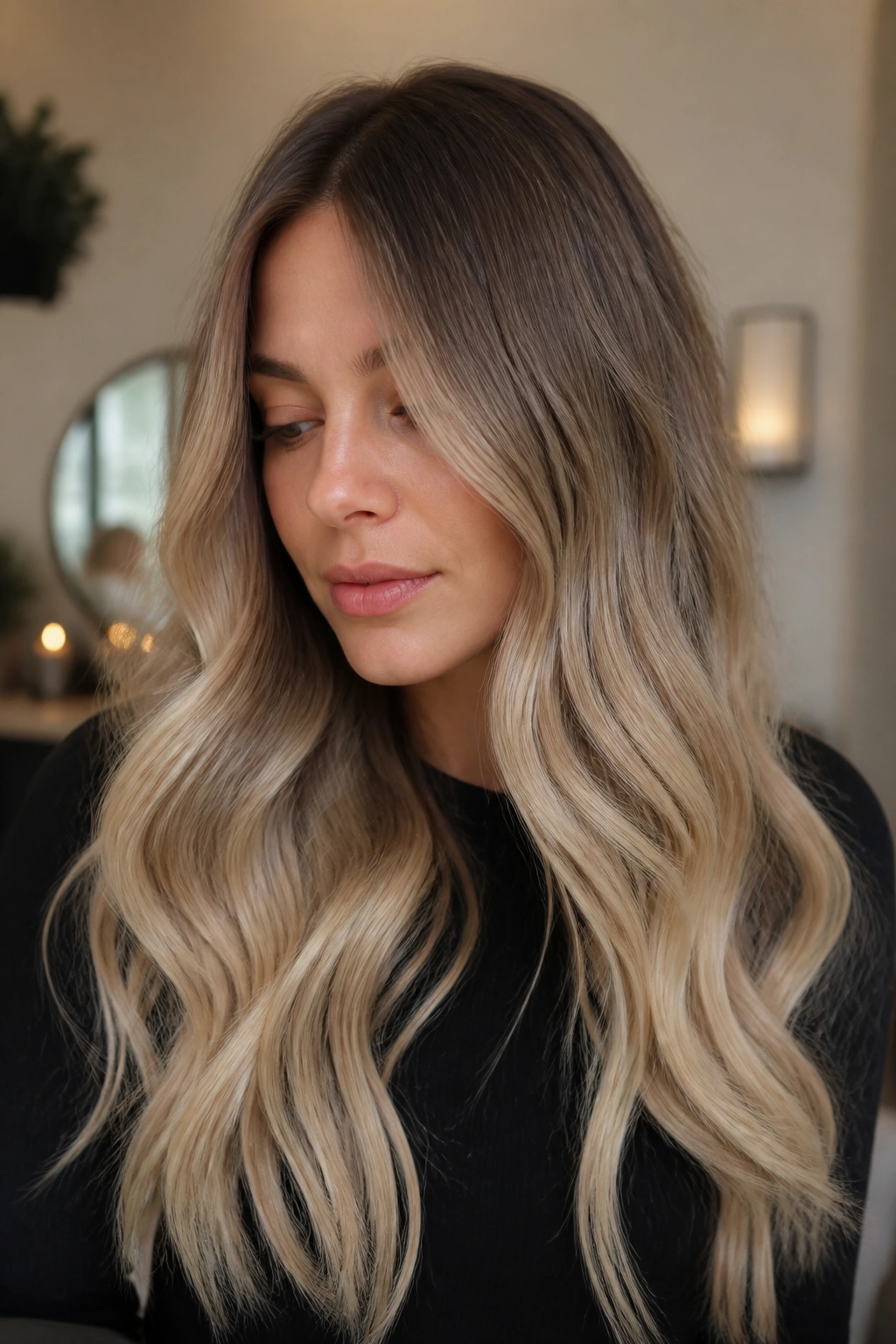Portrait of woman with mushroom brown roots and beige blonde ends