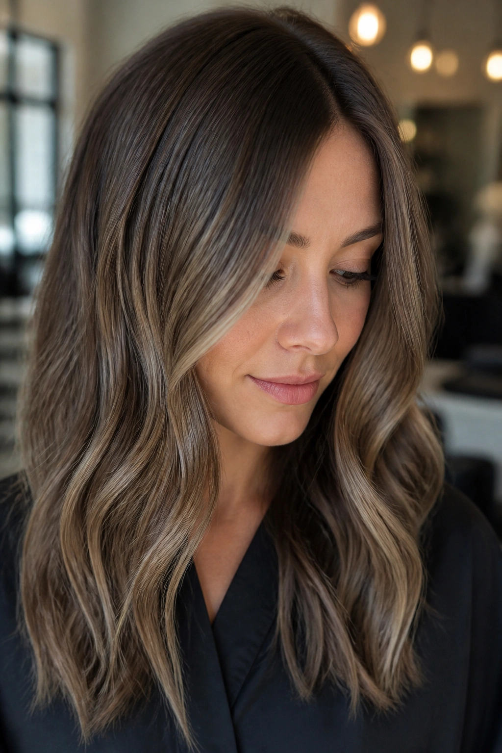 Portrait of a real woman with mushroom brown hair and beige caramel balayage.