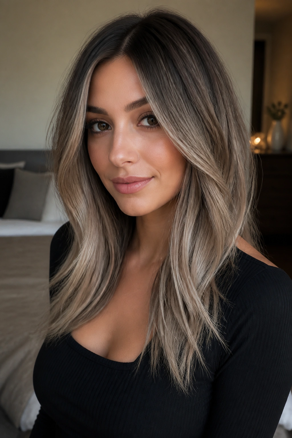 Portrait of a woman with mushroom brown hair and beige ends.