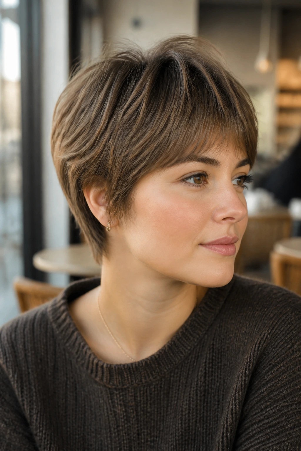 Close-up of a real woman with soft mushroom brown bixie haircut in a bright cafe