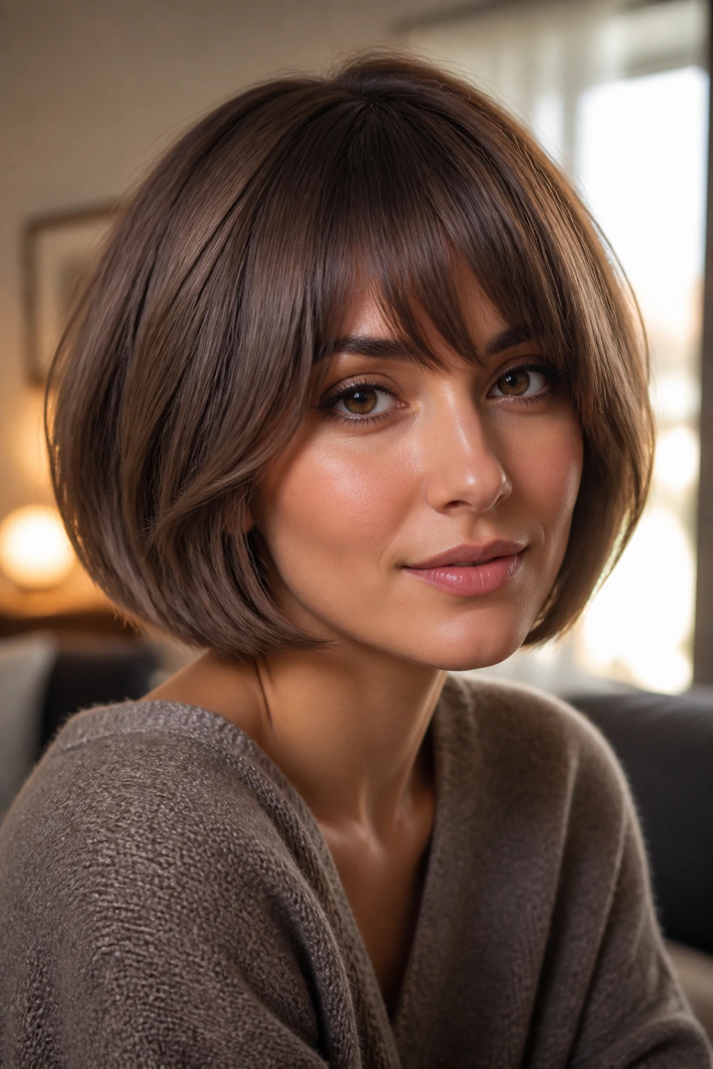 Brunette with rounded mushroom brown bob close-up portrait.
