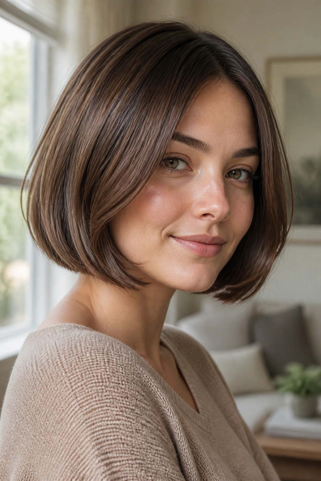 Close-up portrait of a real person with a mushroom brown bob and soft end bend, jaw-skimming length