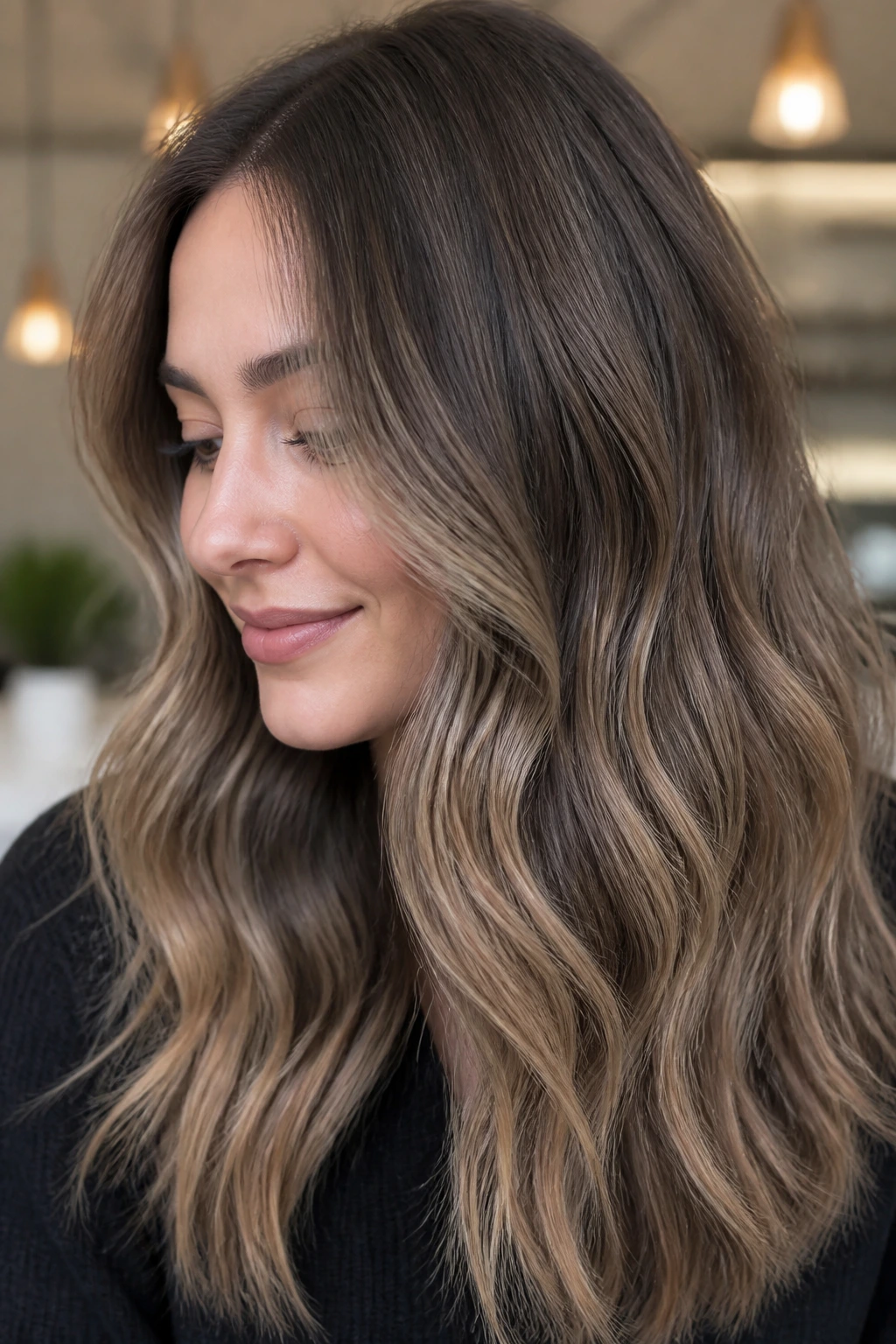 Close-up of mushroom brown hair with muted caramel dusting on a real person
