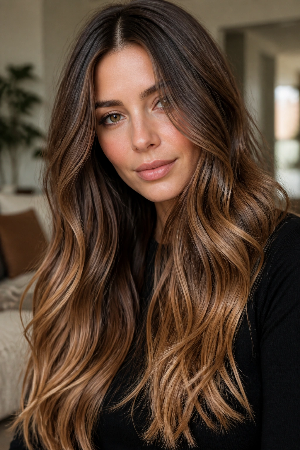 Close-up of a real woman's hair with mushroom brown base melting into caramel ends