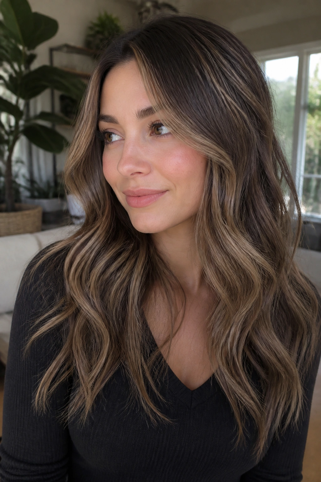 Close-up of a woman with mushroom brown hair and honey caramel ribbons