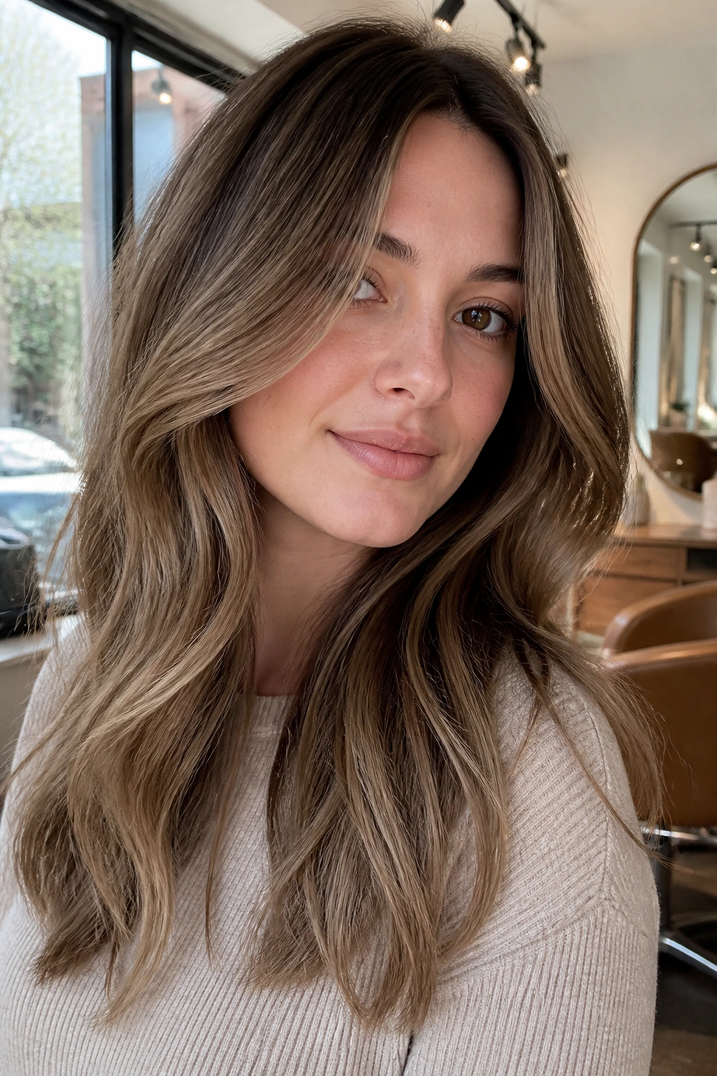 Close-up of a real woman with mushroom brown hair and a beige caramel veil, soft natural salon lighting