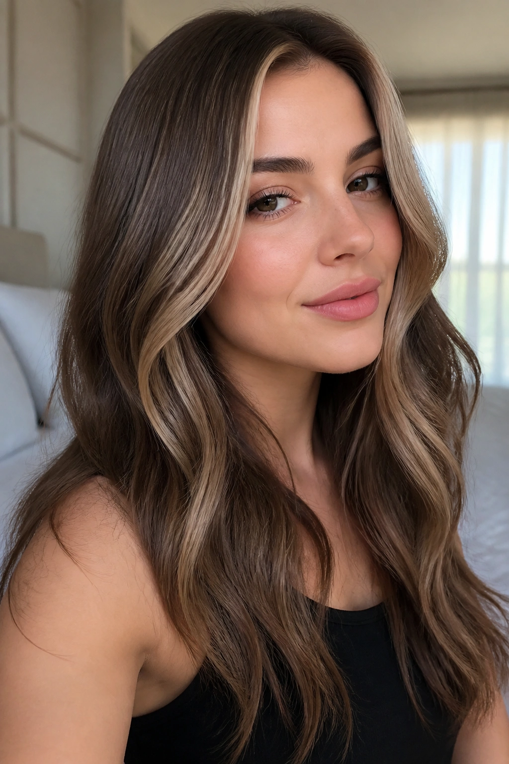 Close-up portrait of a real woman with mushroom brown hair and champagne face frame