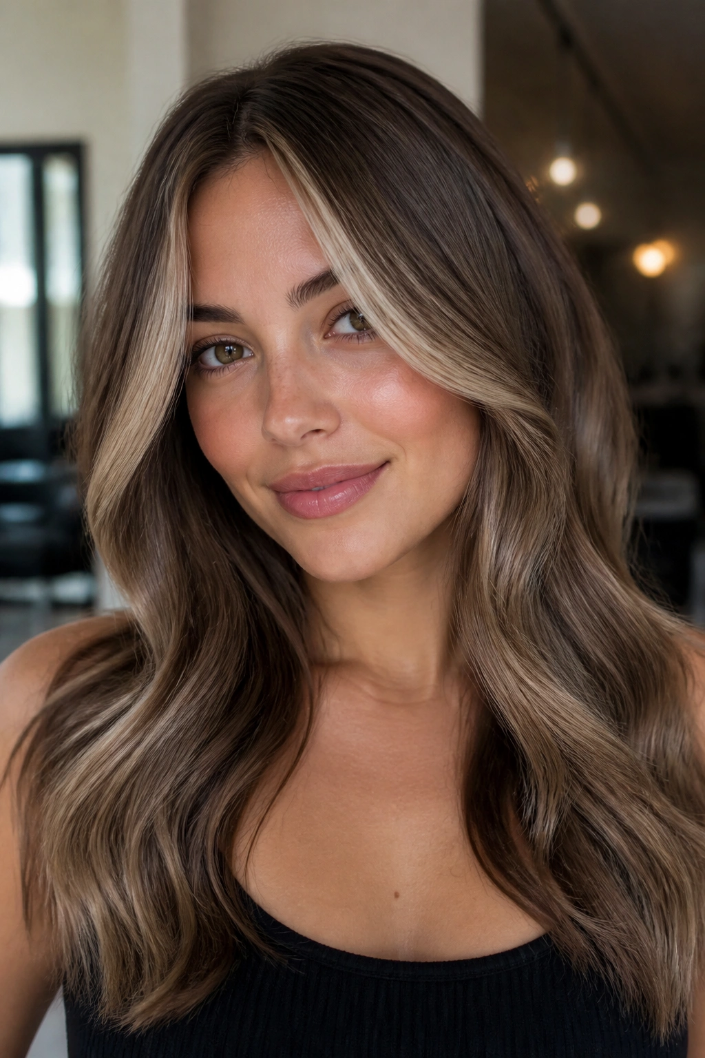 Close-up of mushroom brown balayage with champagne money pieces on a real person
