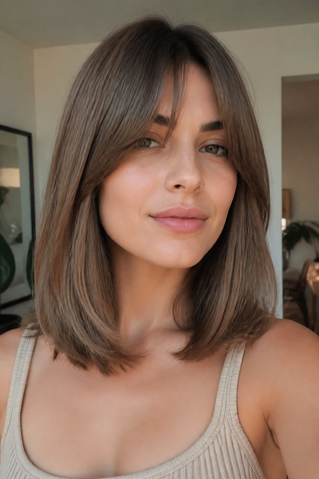 Close-up of a woman with mushroom brown collarbone-length hair