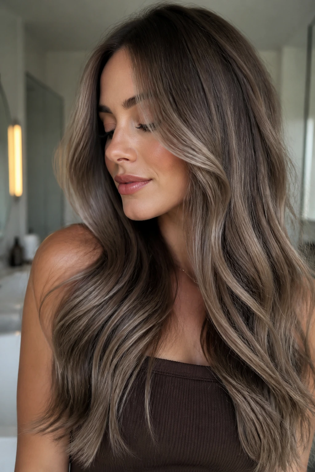 Portrait of brunette with mushroom brown base and cool beige ribbons