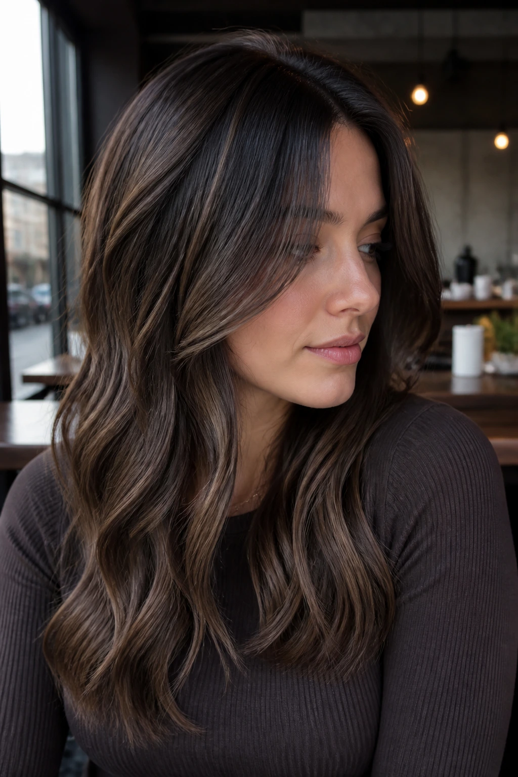 Cool brunette with mushroom brown lowlights for depth.