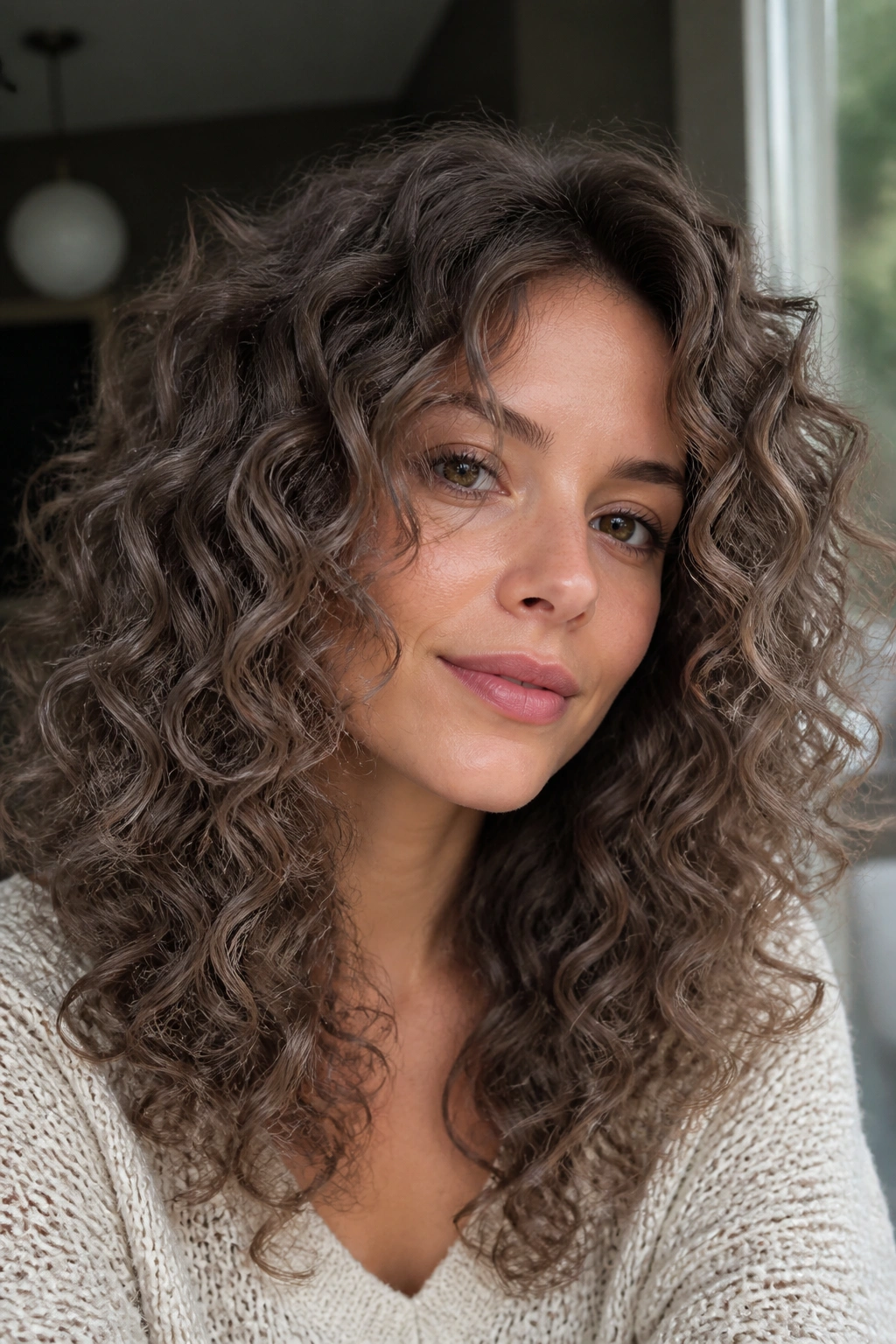 Close-up of real woman's mushroom brown hair with beige-gray tones