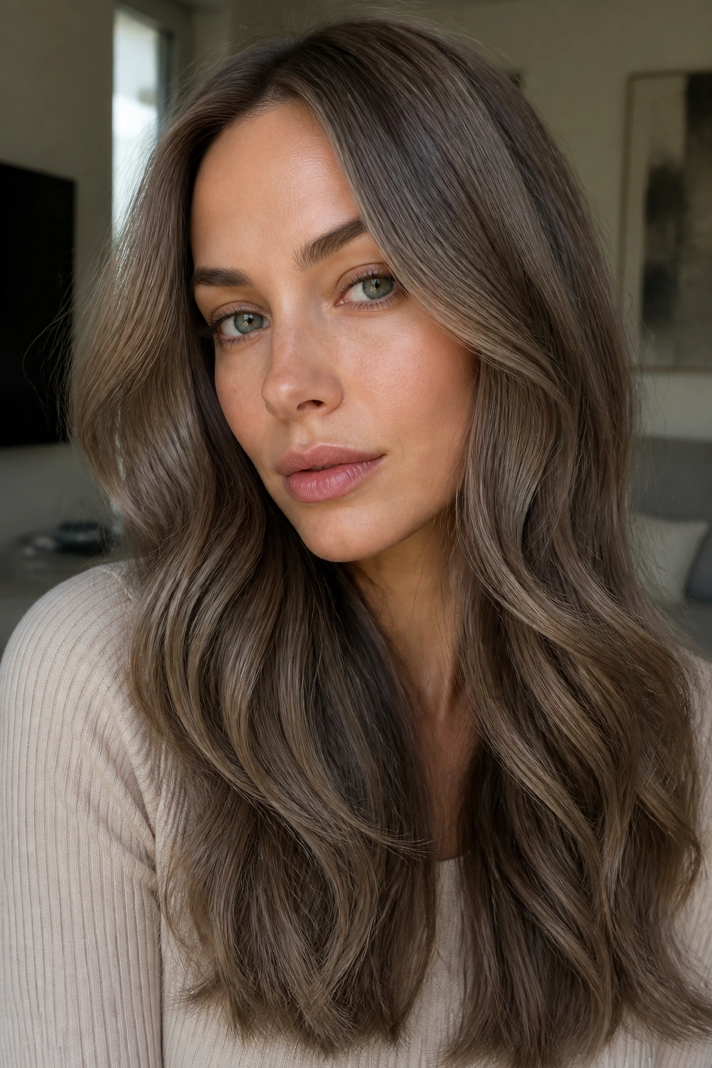 Close-up portrait of a real woman with mushroom brown hair in muted cool tones