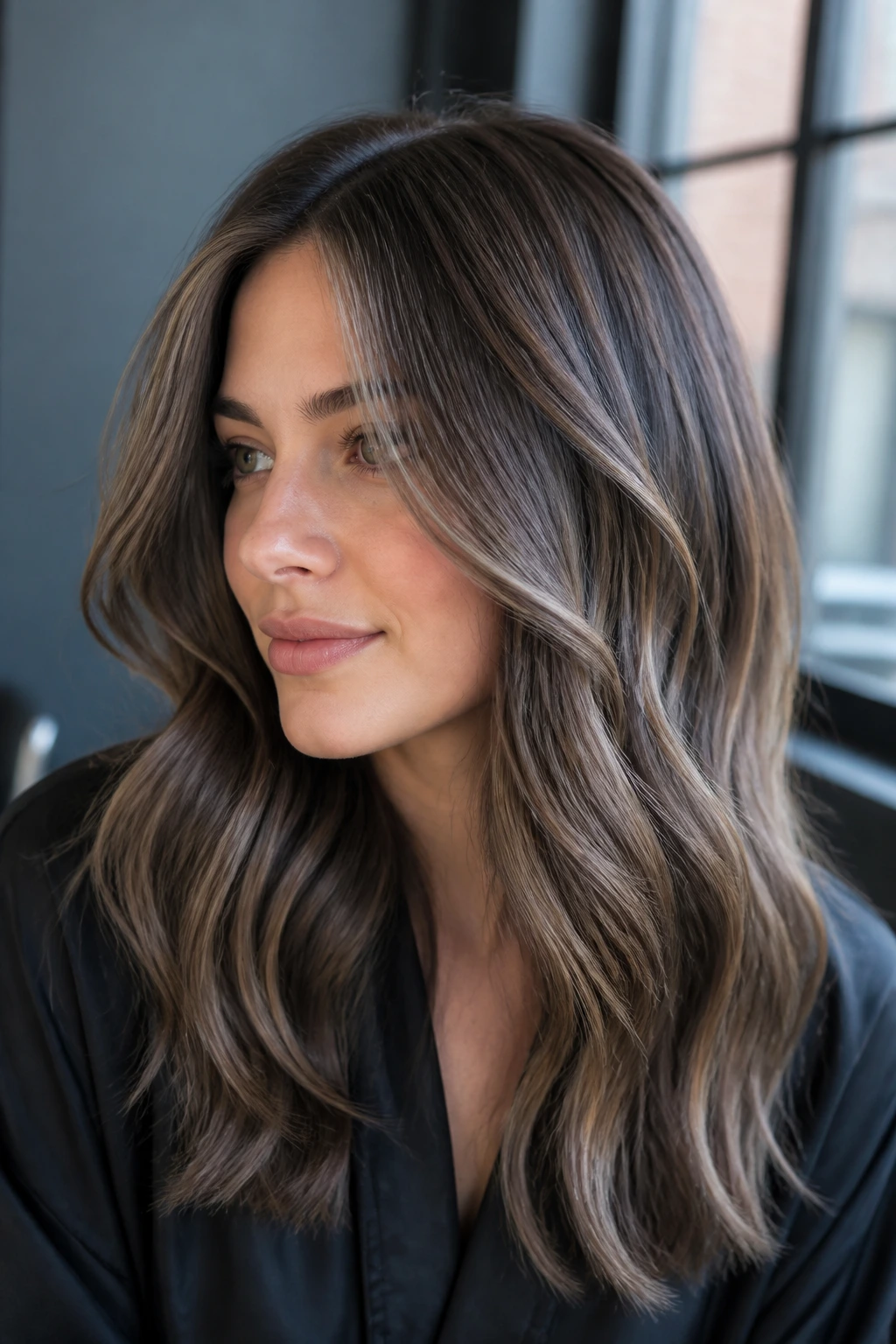 Cool brunette with mushroom brown lowlights in a chic interior