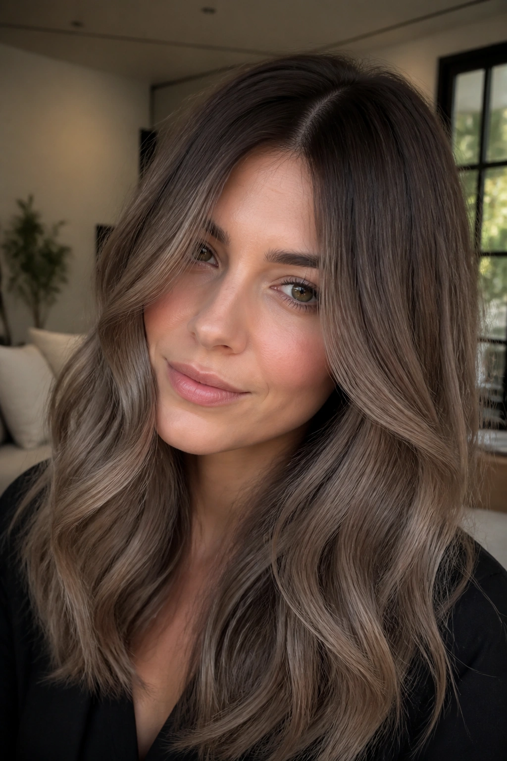 Portrait of a woman with mushroom brown hair and a soft root shadow in natural window light