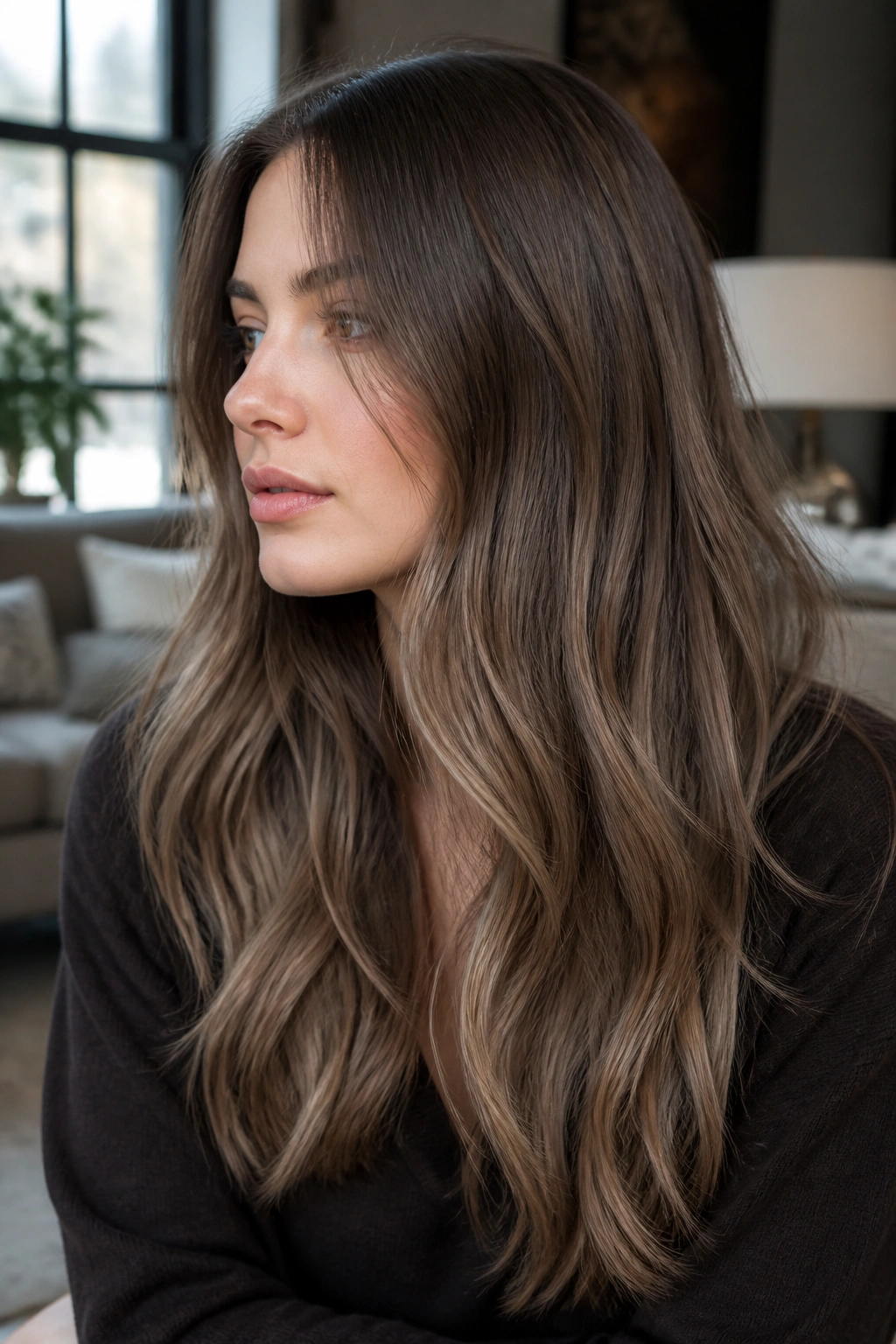 Close-up portrait of a real person with mushroom brown hair in a neutral living room setting.