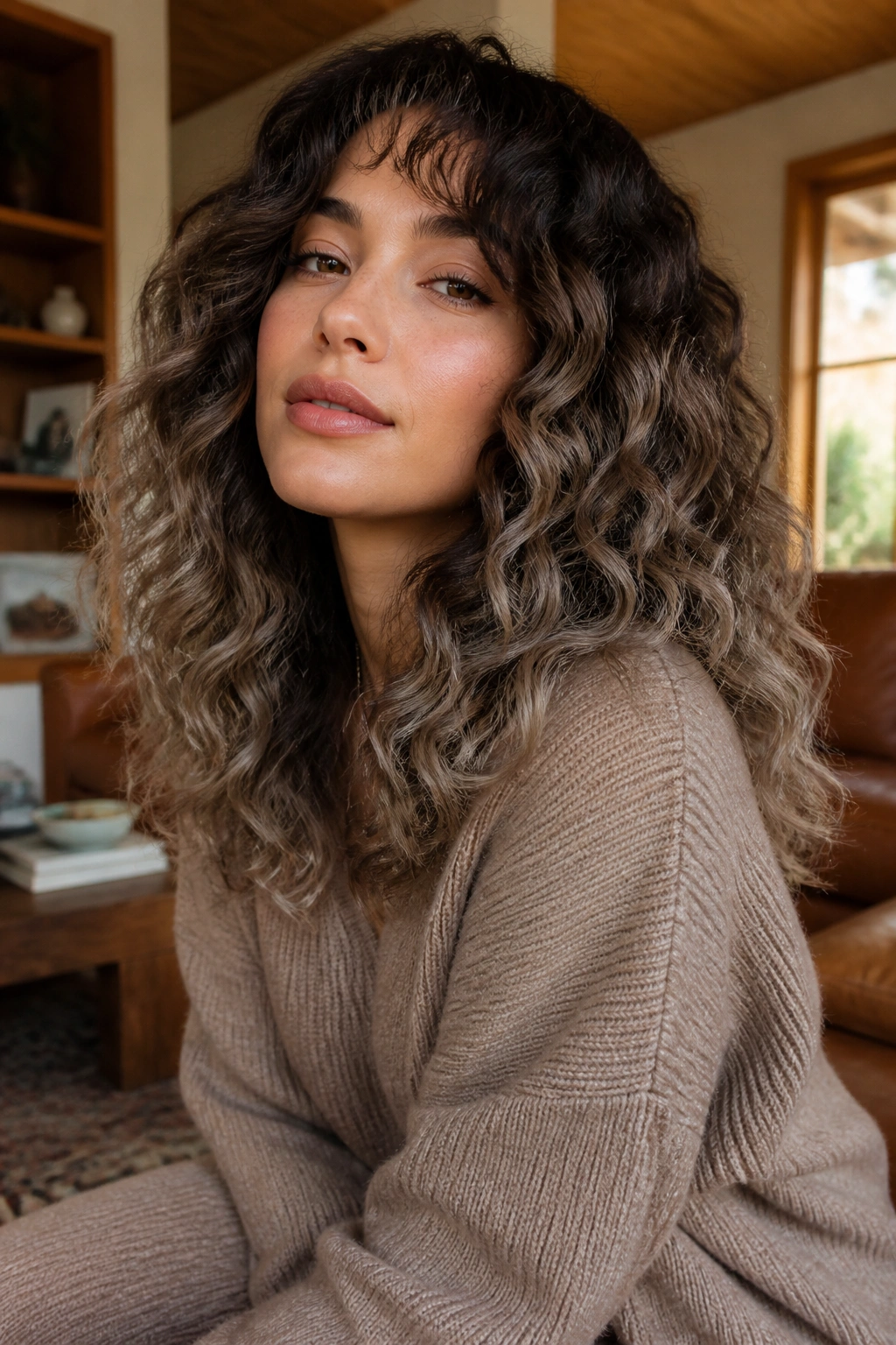 Close-up of real person with mushroom brown ombre on soft curls in warm home setting