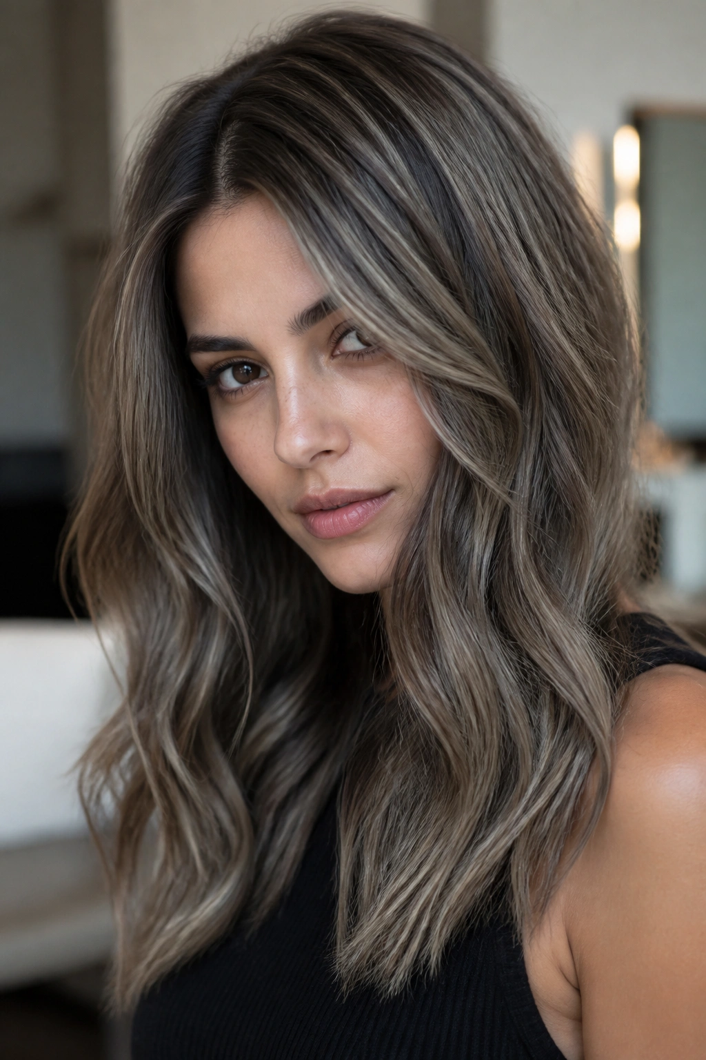 Close-up of a real woman with ash-brown mushroom-toned hair in natural light