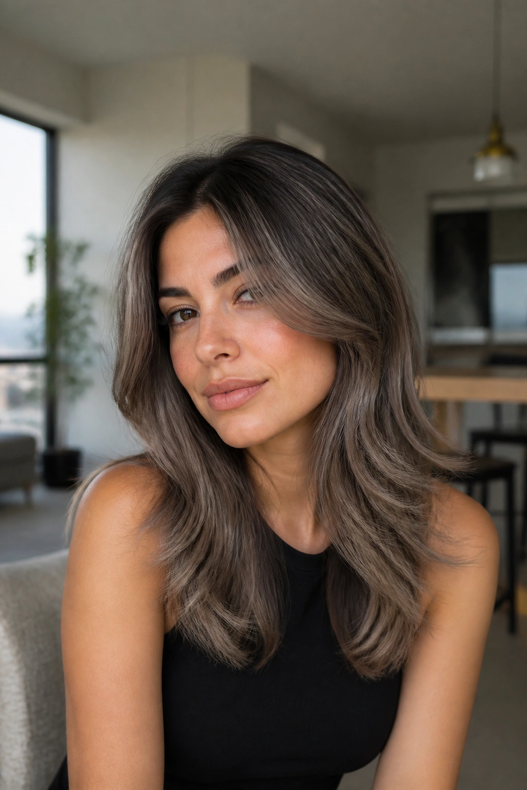 Close-up of cool brunette with taupe-ash mushroom highlights.